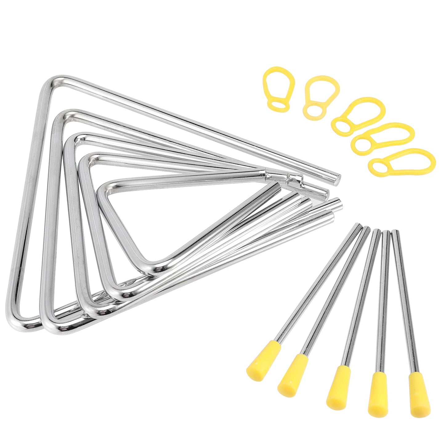 SINJEUN 10 Pack Musical Steel Triangle Percussion Instrument, 4, 5, 6, 7, 8 Inches Triangle Musical Instrument with Striker and Finger Holder, for Music Learning and Teaching