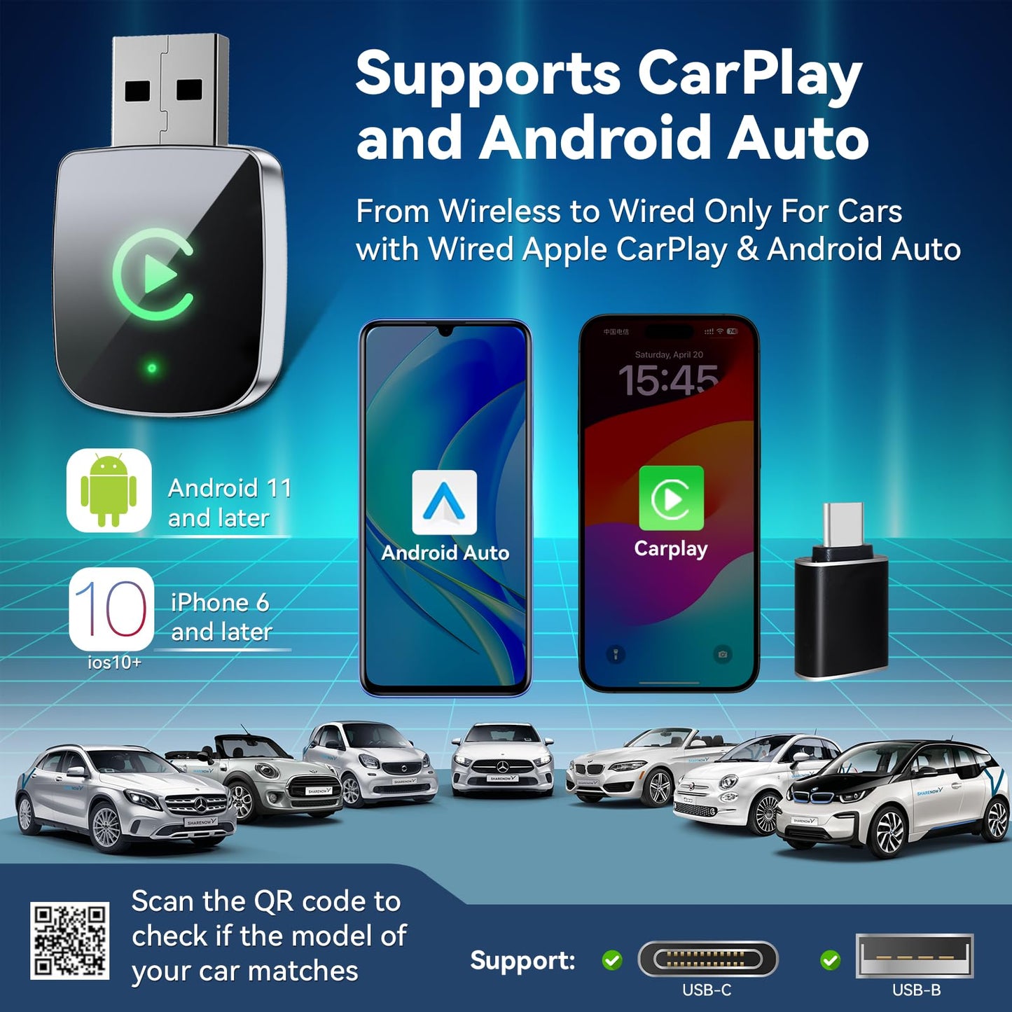 Mini Wireless CarPlay Adapter for iPhone,2 in 1 for Apple Carplay and Android Auto Adapter,Convert Wired to Wireless, Plug & Play, USB to USB-C/Type-C, Stable Control & No Delay, Black