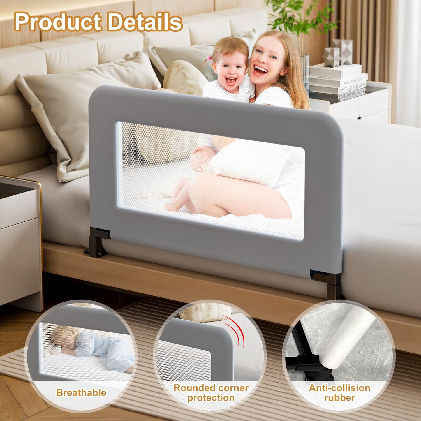 Toddler Bed Guard Rail for Baby - Sturdy Metal Safety Rail for Twin, Crib, Queen, Bunk, Full Side Beds - Kids Guardrail Protector