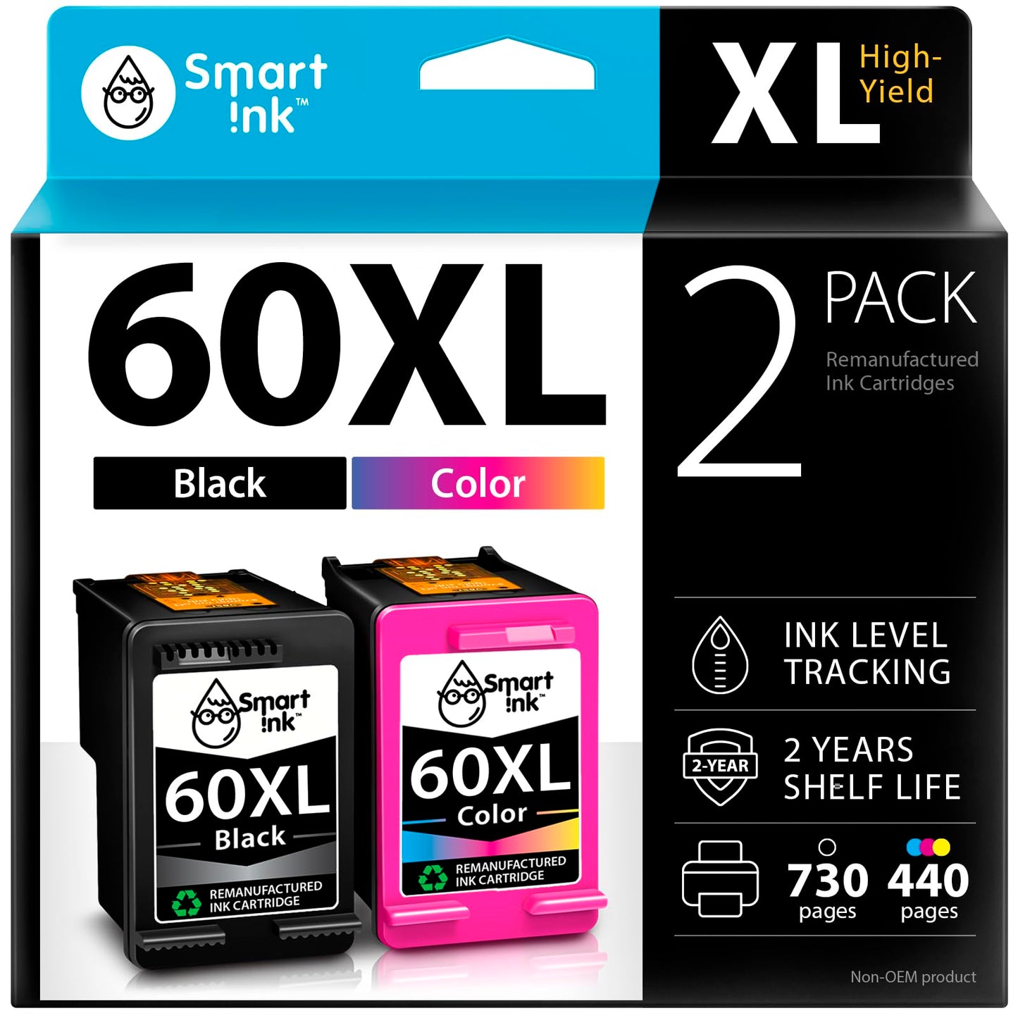 Smart Ink Remanufactured Ink Cartridge Replacement for HP 60XL 60 XL (BK & Color 2 Combo Pack) to use with Deskjet D2530 D2545 F2430 F4440 Envy 100 110 120 Photosmart C4640 C4650 C4680 C4780 C4795