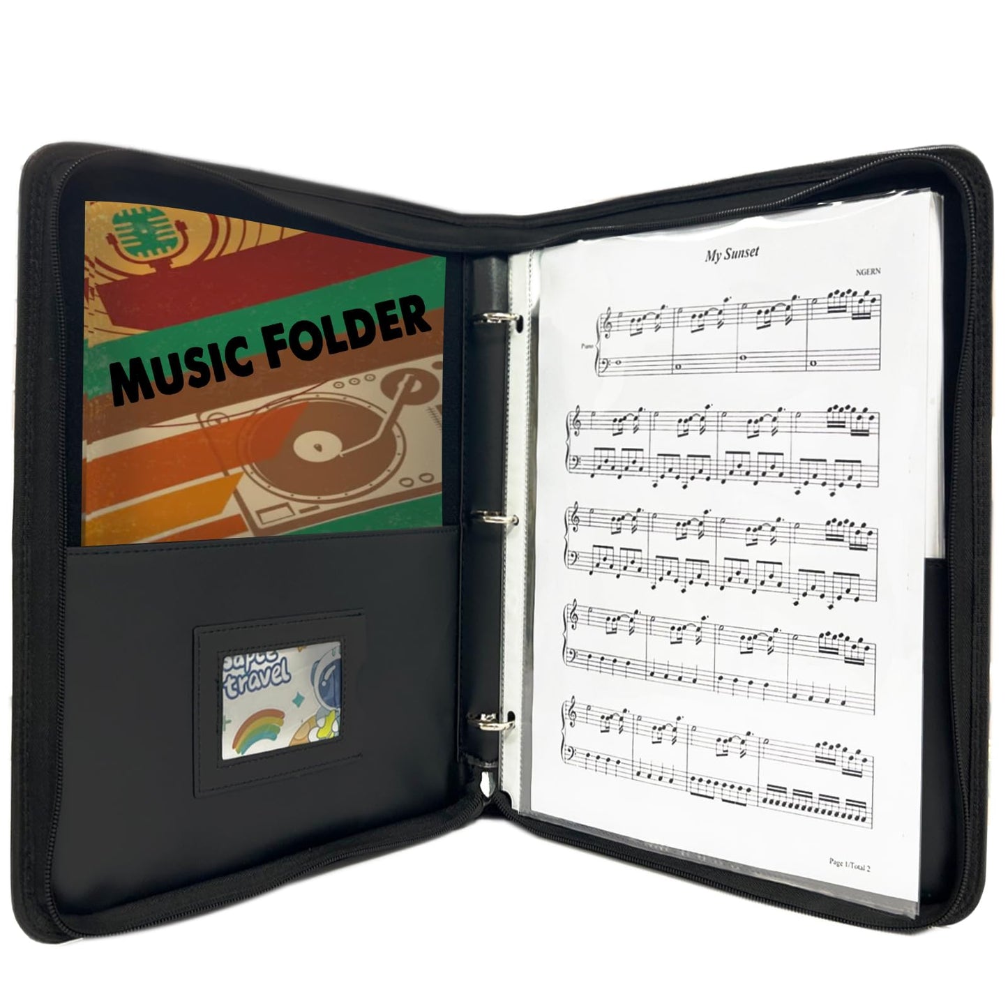 Sheet Music Folder with 40 Sheet, Choir Folder with Hand Strap, Music Folder 3 Ring for Choir Singer, Stage Performance, Musician -Black