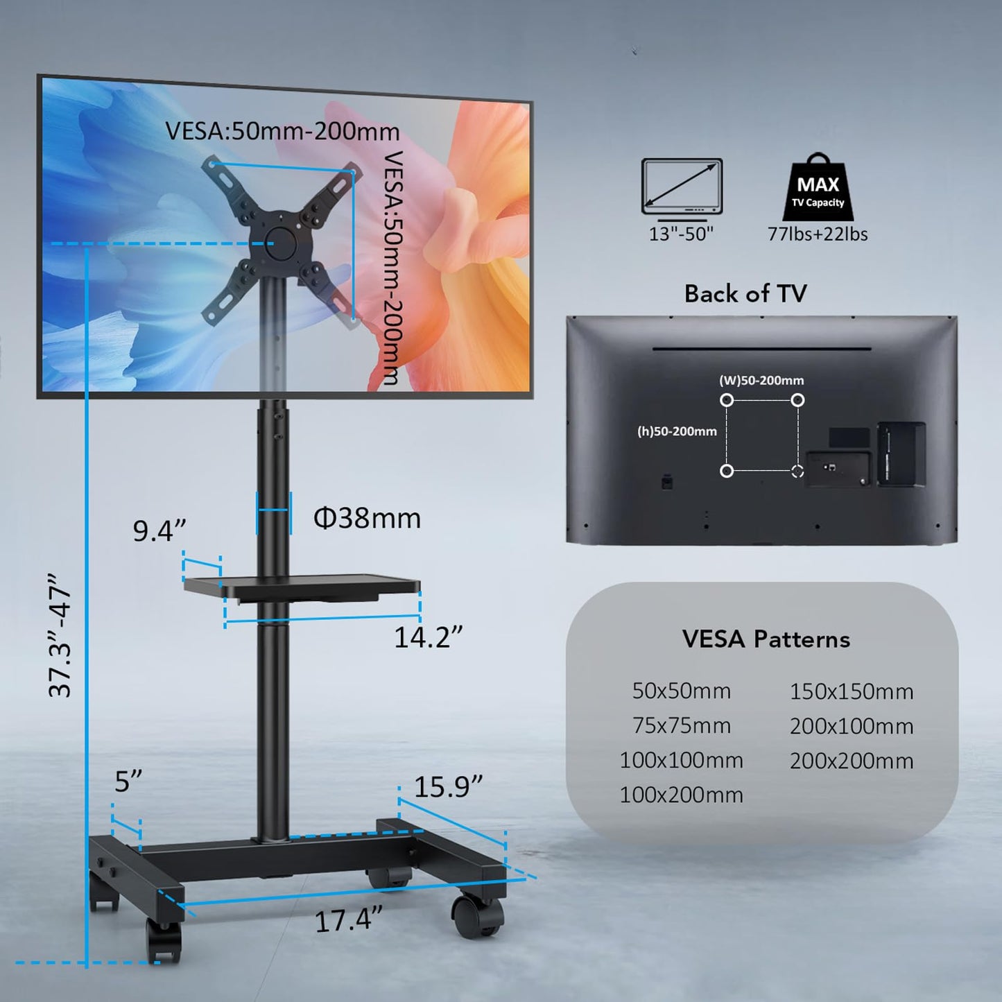 Mobile TV Floor Stand for 13-50 inch LCD LED Flat/Curved Panel Screen TVs up to 77 lbs, Height Adjustable TV Stand Mount with Tilt VESA 200x200, Portable TV Stand with Shelf AX2007TBM