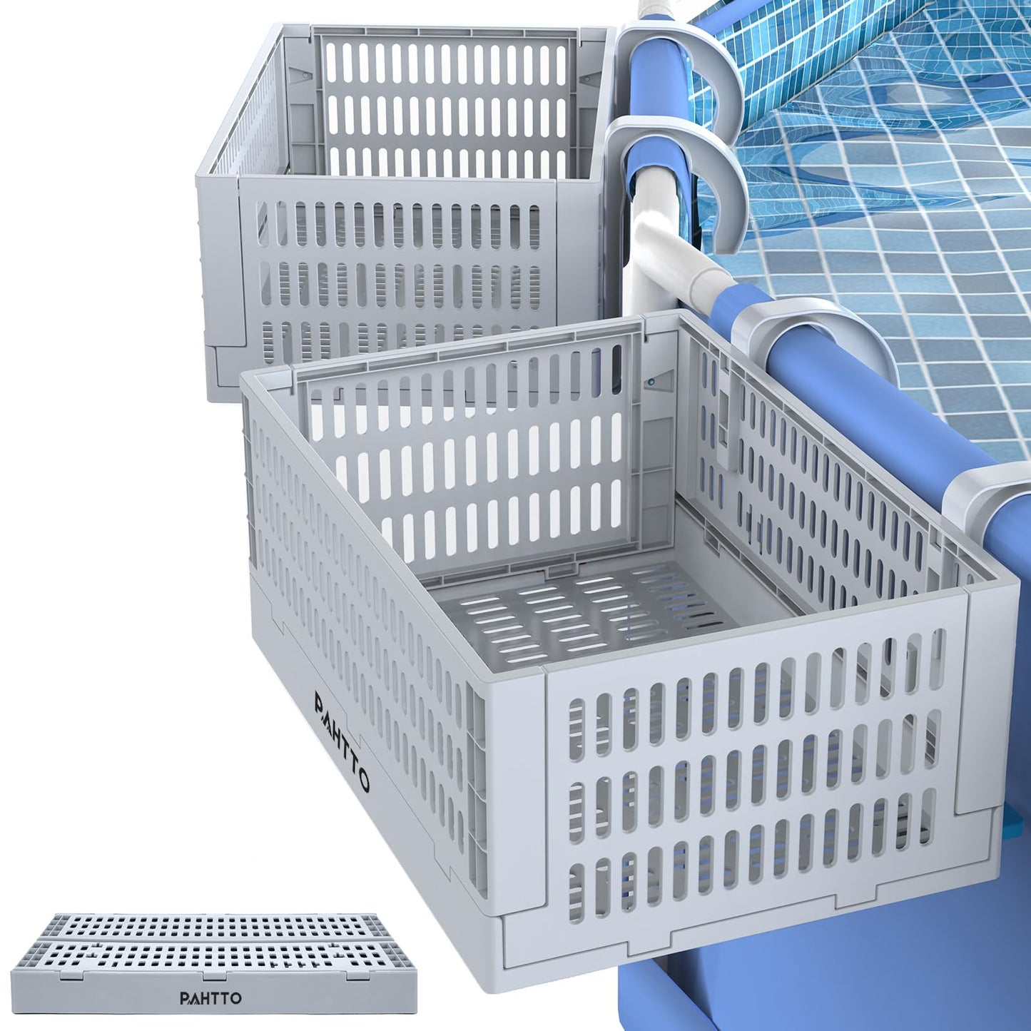 Poolside Storage Basket 2pcs, Foldable Pool Basket for Toys, Towels, Beverages, Poolside Organizer, Pool Accessories Above Ground,Grey