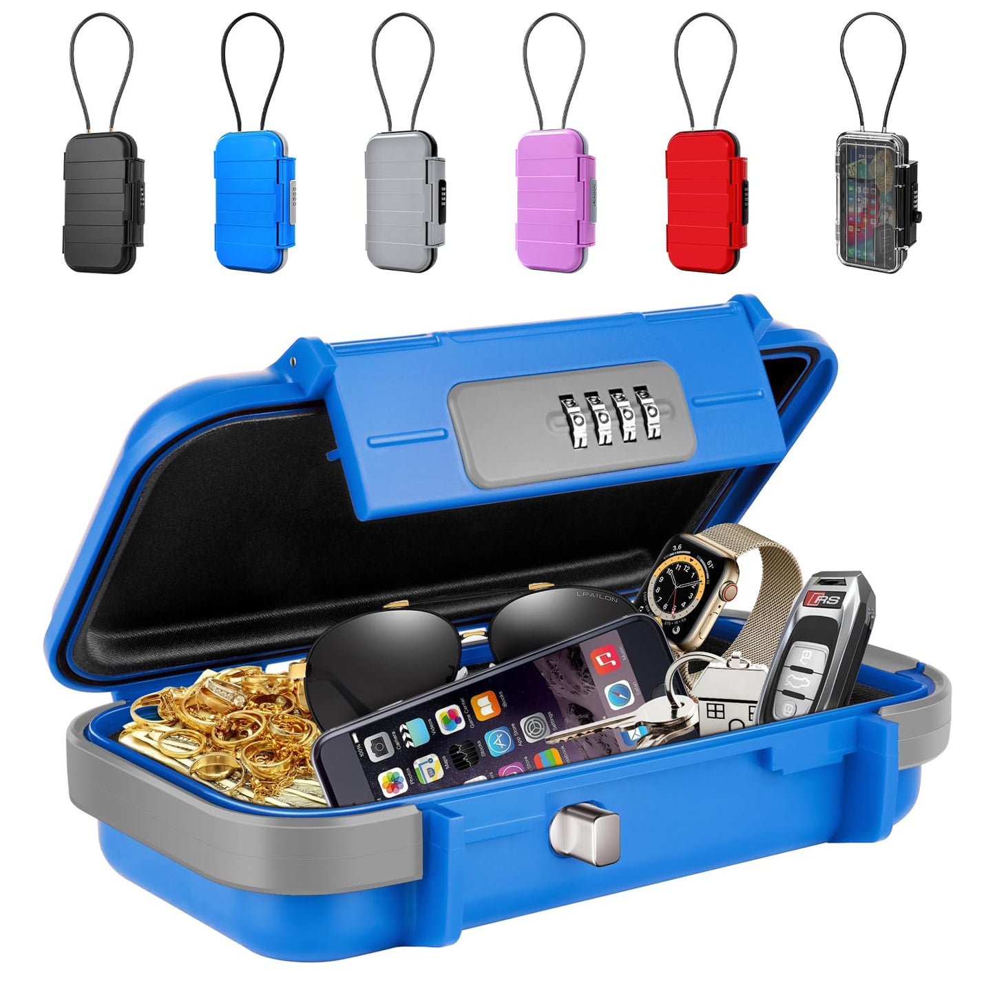 BKNOOU Travel Safe Portable Beach Safe Box Small Combination Safe Anti-Theft Lock Box Safe Waterproof Mini Security Case with Removable Wire Rope Security Box for Home,Office,Hotel,Cars,Travel etc