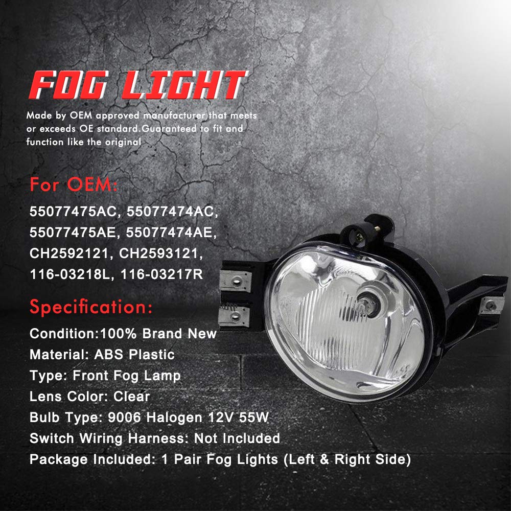 A ABIGAIL Driving Fog Lights Lamps Replacement for 2002 2003 2004 2005 2006 2007 2008 Dodge Ram 1500 2500 3500 Pickup Truck 55077475AE 55077474AE