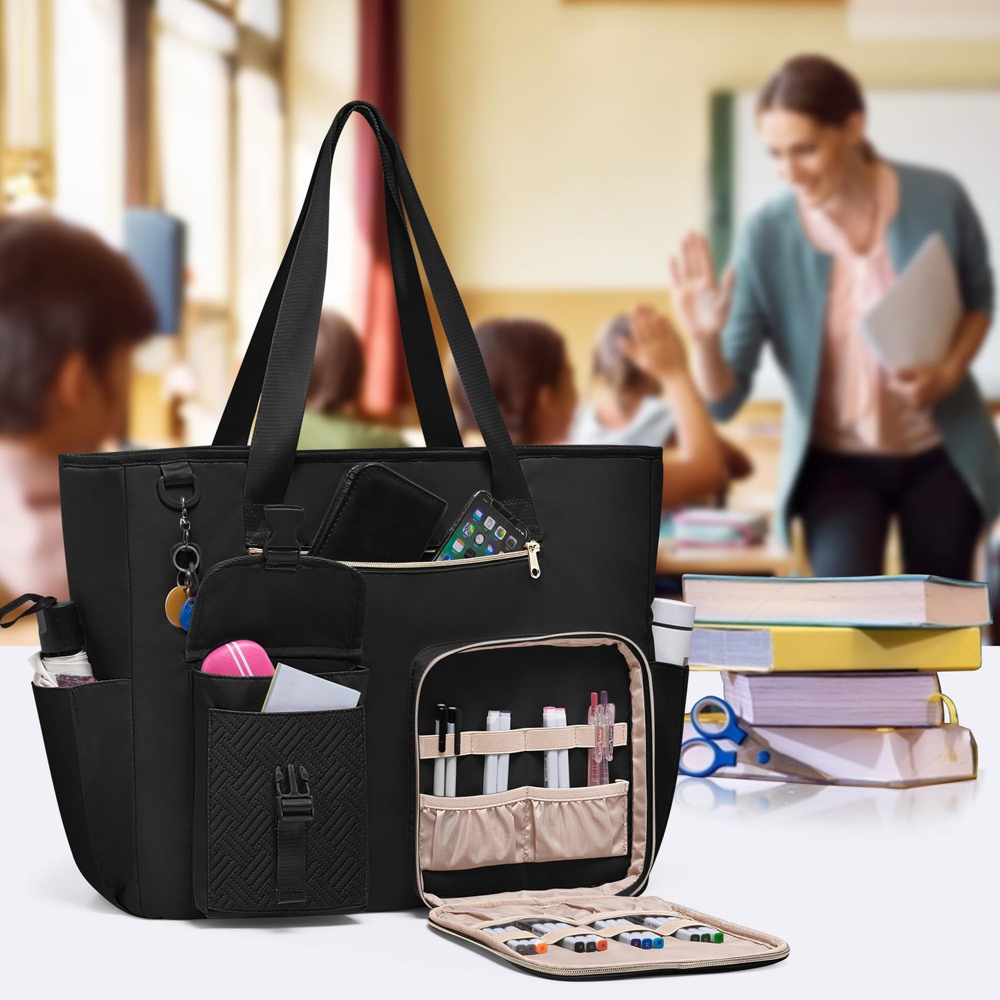 Fasrom XXL Teacher Bag for Work Women with 15.6 inches Laptop Compartment, Extra Large Utility Tote Bags to Hold Teacher Supplies and More, Black (Patent Design)