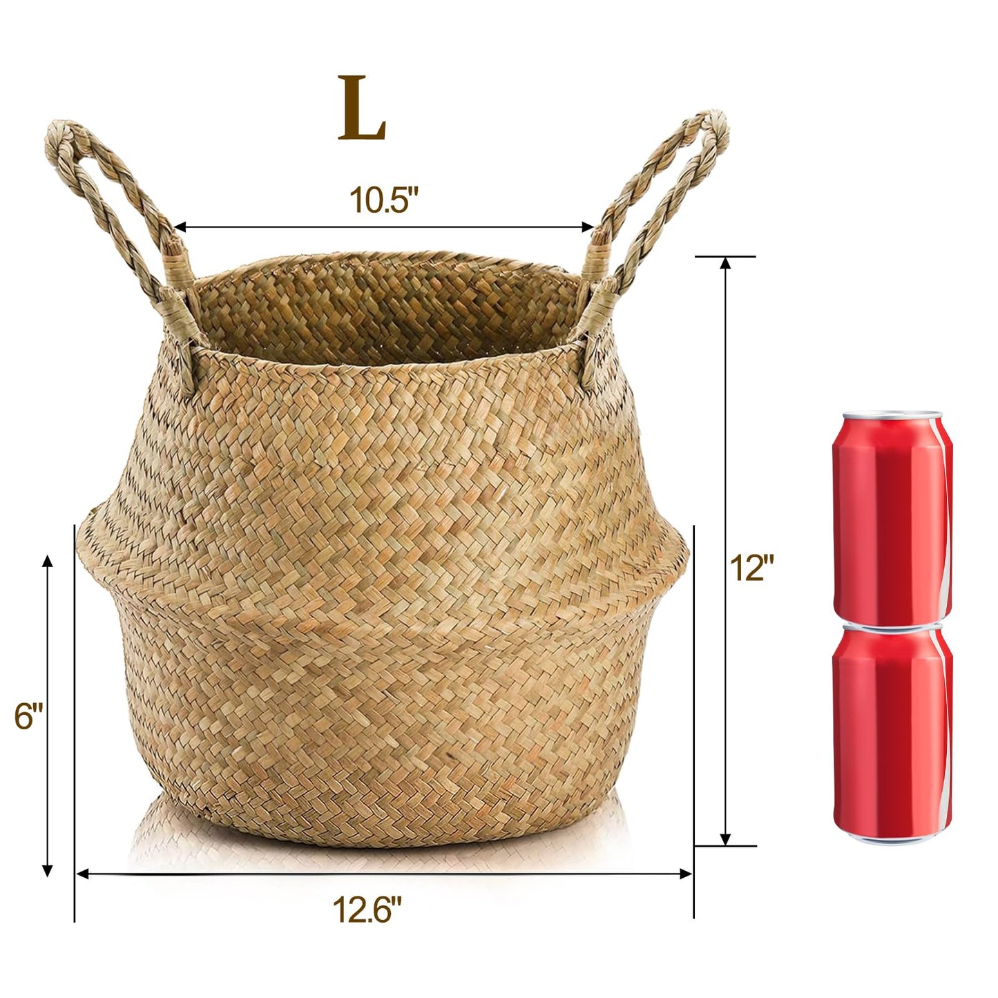 Yesland 2 Pack Woven Seagrass Plant Basket with Handles, Ideal Storage Plant Pot Cover for Laundry, Picnic, Beach Bag and Grocery Basket (L)