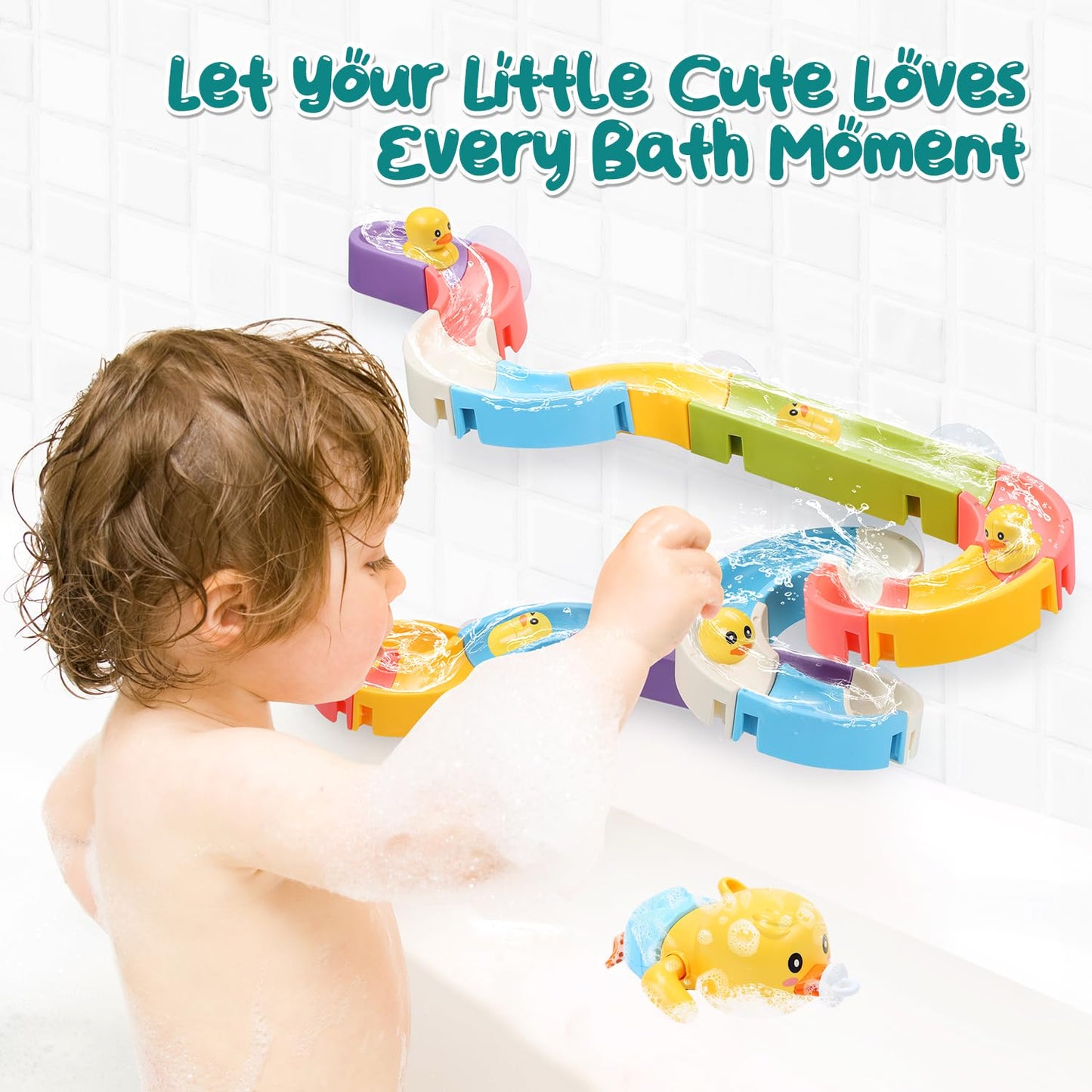 CUTE STONE Baby Bath Toys for Toddlers, Water Slide Building Track W/ Wind-Up Duck, Bathtub Toys for Kids, Water Pool Toys Gift for Boys Girls