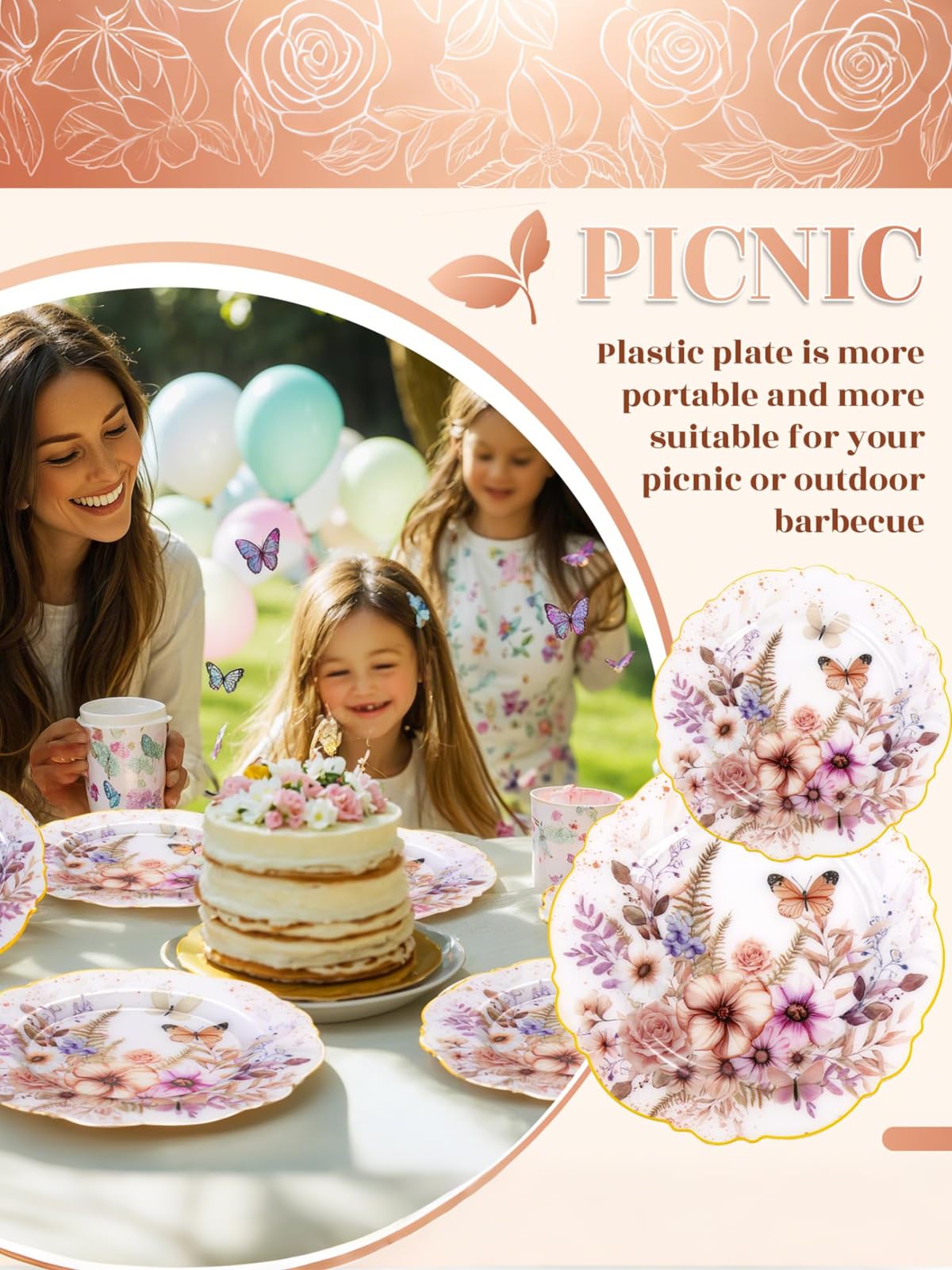 WDF 20Pack Spring Plates Flower- Baroque Fancy Butterfly Plates Disposable - 10’’ and 7’’ Floral plastic tableware Decoration Suitable for Spring Garden Party/Tea Party/Birthday
