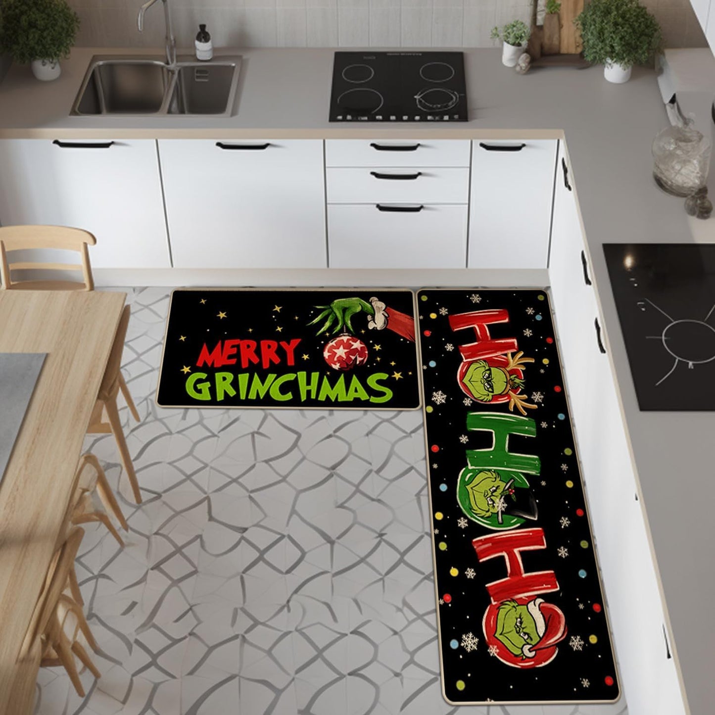 Christmas Kitchen Mats Sets of 2, Winter Xmas Kitchen Rugs Non Skid Washable Doormat Farmhouse Style Decor Mats for Floor 17x29 and 17x47 Inch DM106