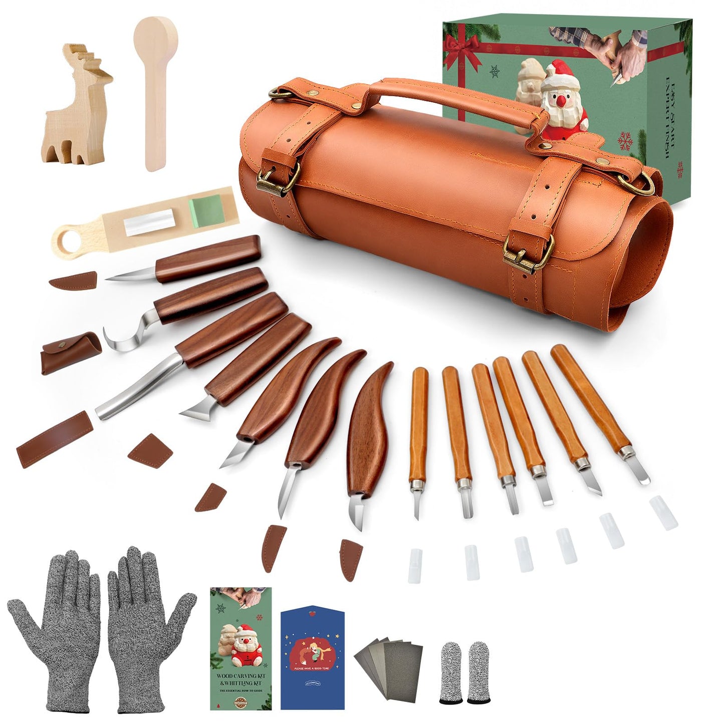 COZYGIFT Wood Carving Kit for Adults & Kids Beginners, 31PCS Whittling Knife Set with Video Tutorials - Hook Knife for Spoon Carving, Basswood Blocks, Strop & Gloves. Best DIY Hobby Gift for Dad