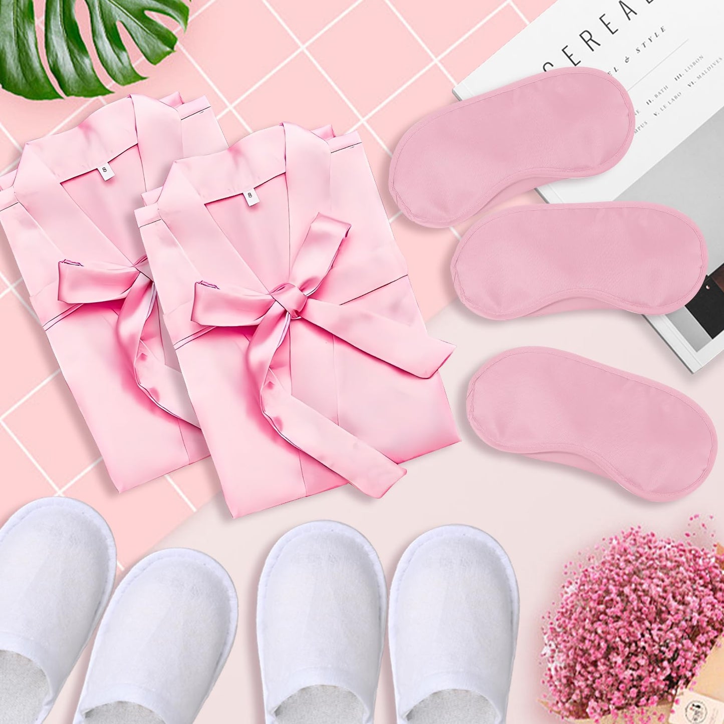 18 Pcs Spa Party Supplies for Girls 6 Satin Kimono Robe 6 Sleeping Eye Mask 6 Disposable Slippers for Flower Girl Kid Salon Pedicure Wedding Birthday Favors Washing Shower (Size 10, Pink)