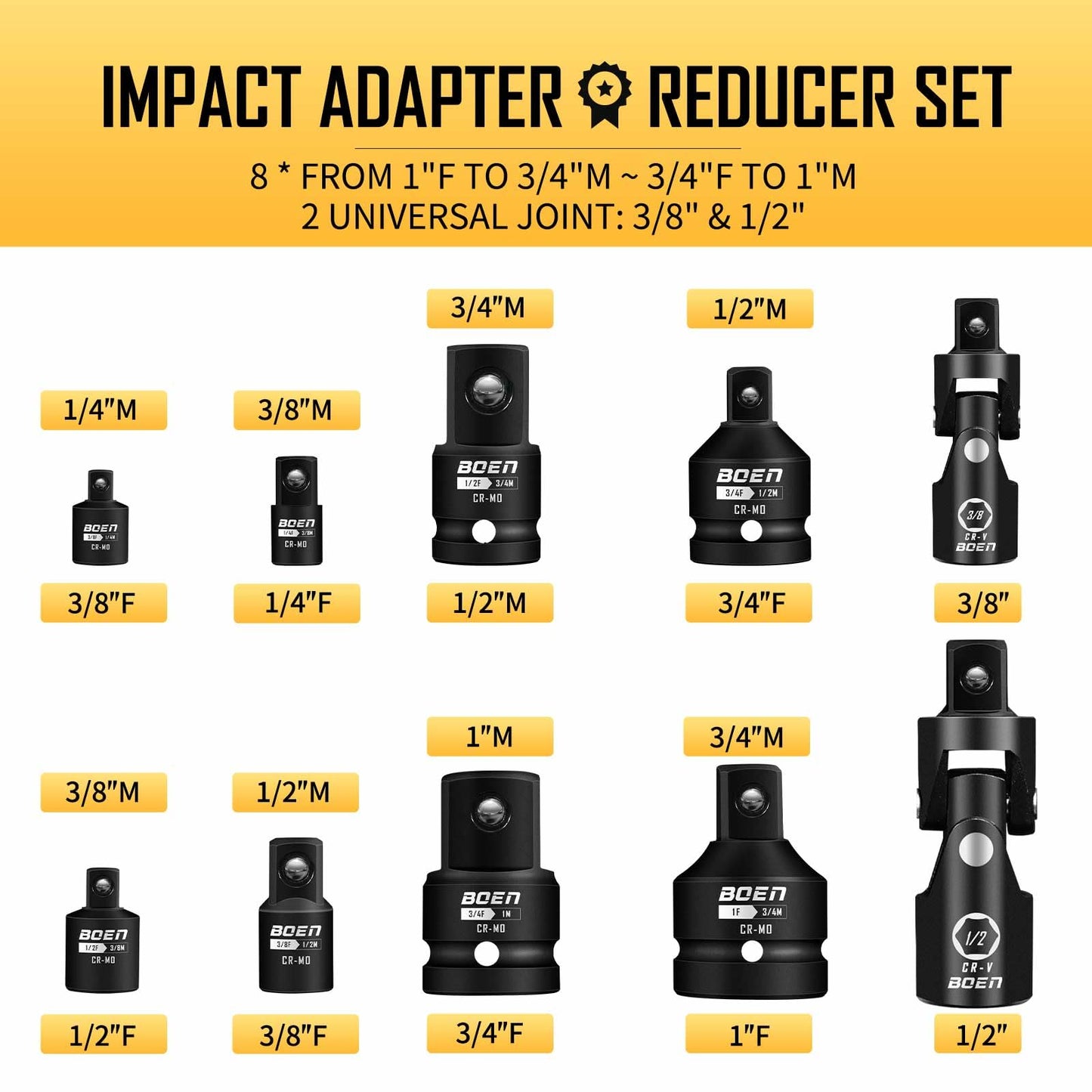 BOEN 10-Piece Impact Socket Adapter and Reducer Set, Standard SAE 1/4" 3/8" 1/2" 3/4", CR-MO Steel Driver & Wrench Conversion Kit Socket Reducer with 3/8" & 1/2" Universal Joint