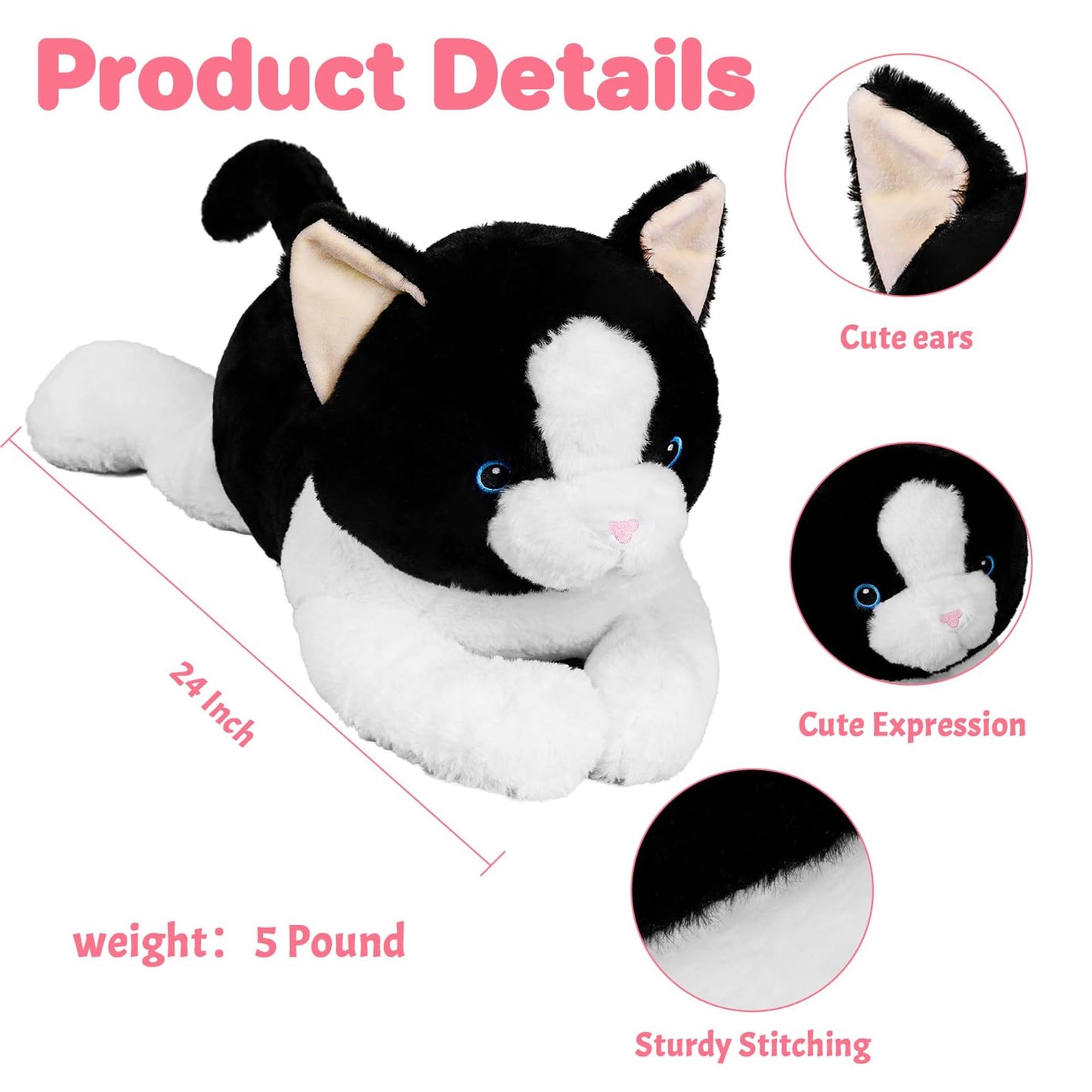 5 lbs, 27 inches Cat Weighted Stuffed Animals, Cuddly Weighted Cat Plush Pillow Giant Plushie Ideal Gift for Adults & Kids