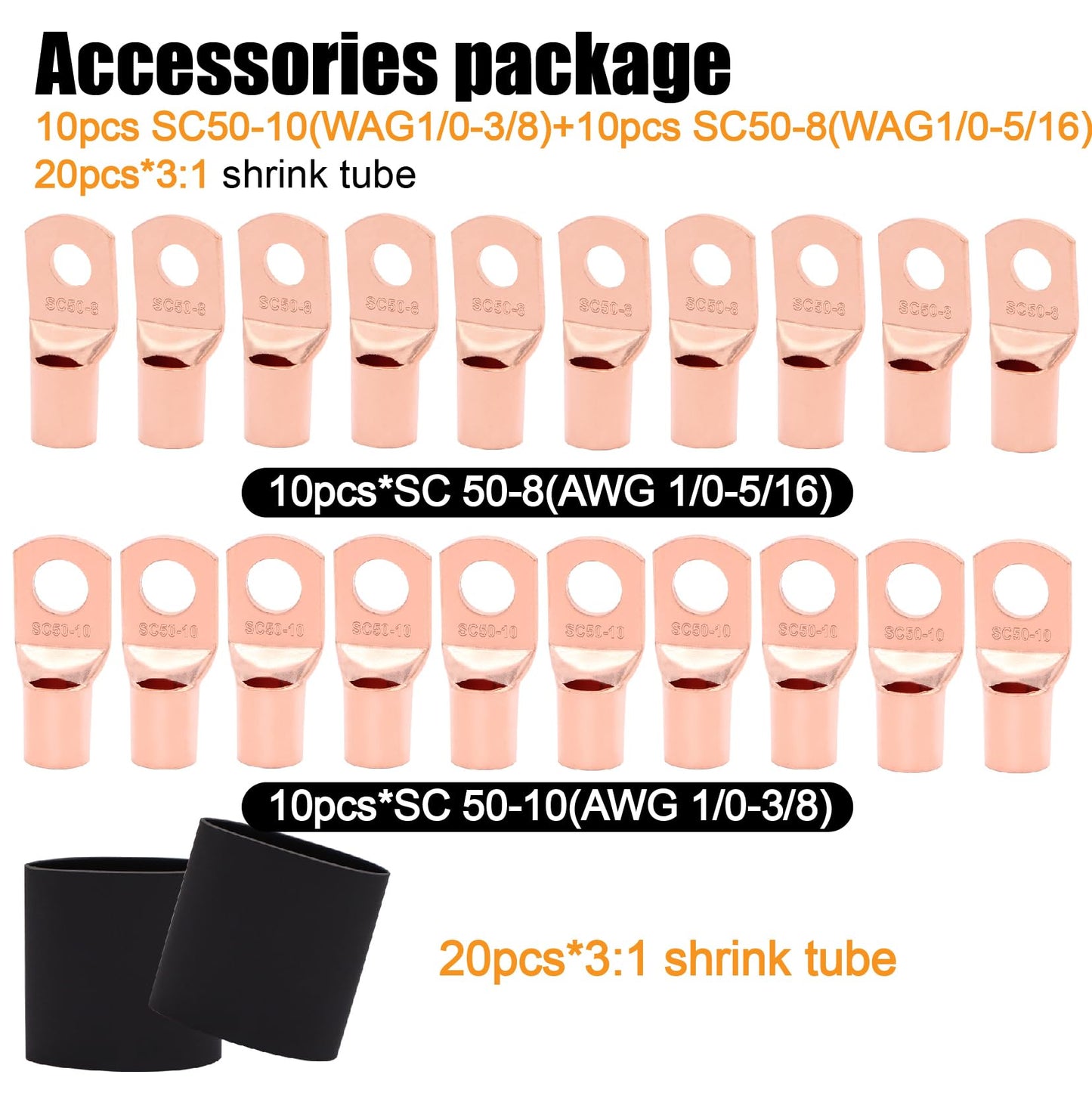 AWG 1/0 Gauge Wire (20 Feet Black+20 Feet Red) Copper Clad Aluminum CCA - Primary Automotive Wire Power/Ground, Lugs Terminal Connectors,20PCS Heat Shrink Tubing