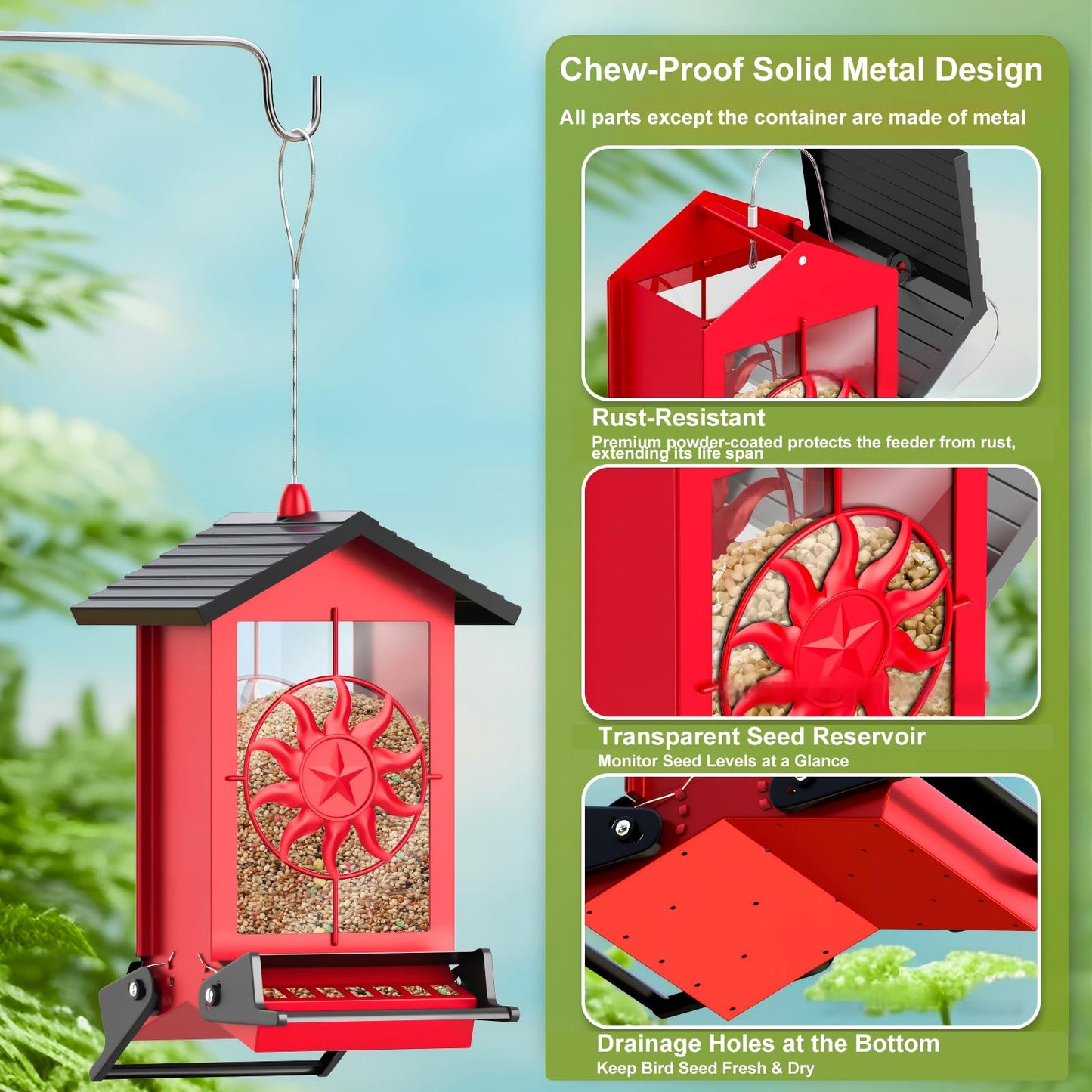 Squirrel Proof Bird Feeders for Outdoors With Weight-Activated, 5LB Large Metal Wild Bird Feeders for Cardinals,Blue jay,Finch, Weatherproof Durable Hanging Bird Feeder for Backyard,Garden,Patio-Green