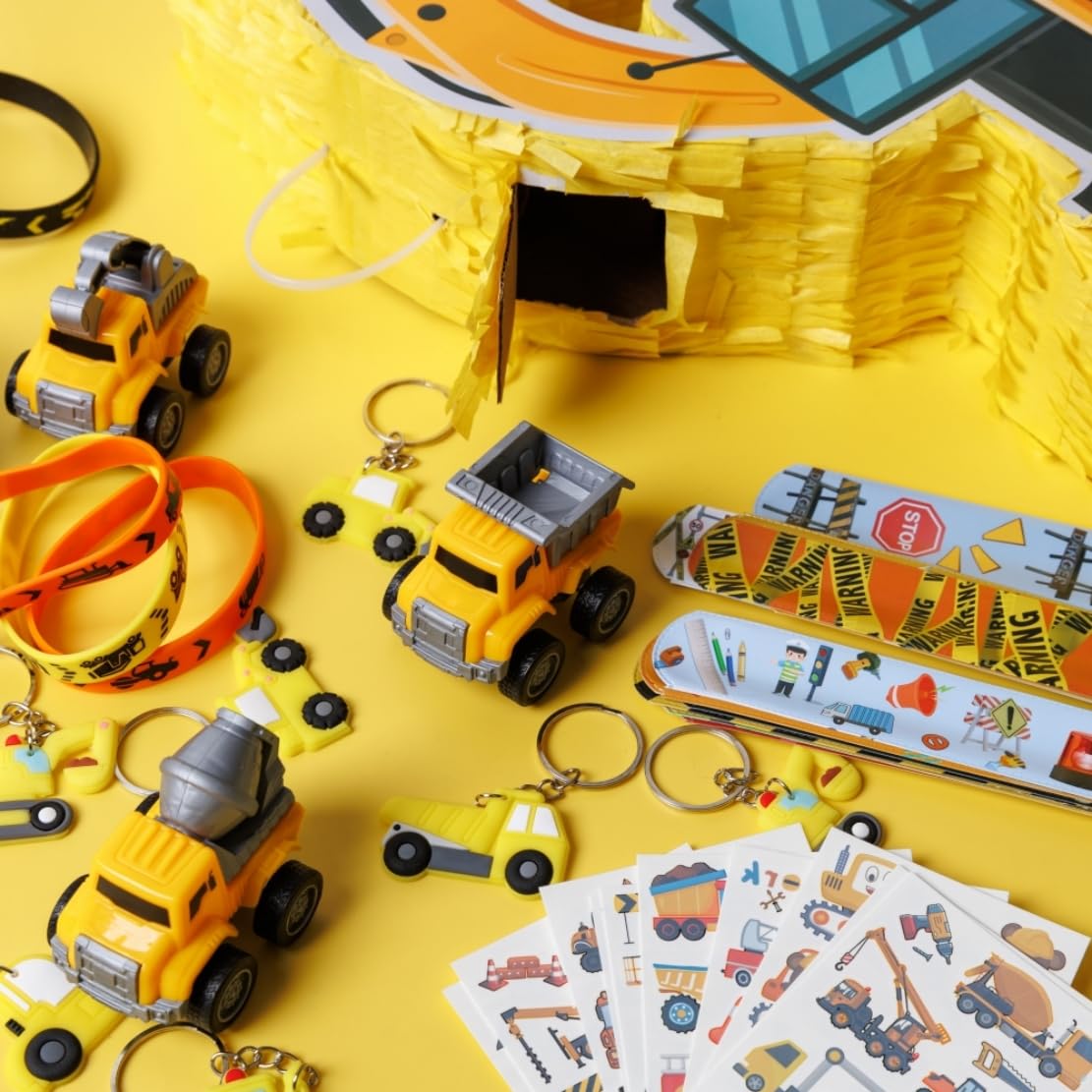 Construction Pinata Party Favors Construction Birthday Party Decorations for Boys Excavator Pinata Truck Party Supplies with Stickers Slap Bracelets Keychains Silicone Bands Mini Trucks (Construction)