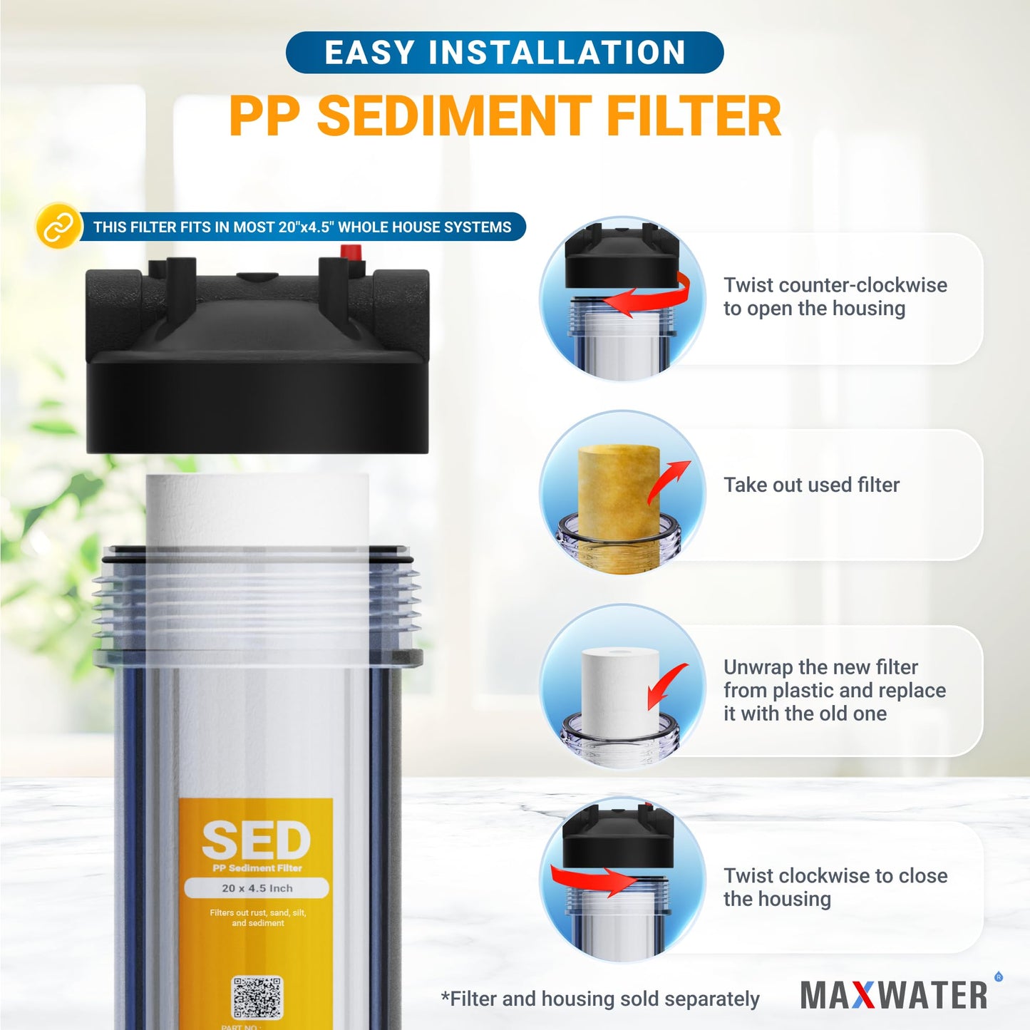 Max Water 20 x 4.5 Whole House Sediment Filter Cartridge 5 Micron Well Water Replacement Cartridge Compatible with DGD-5005-20, FP25B, AP810-2, 2-Pack