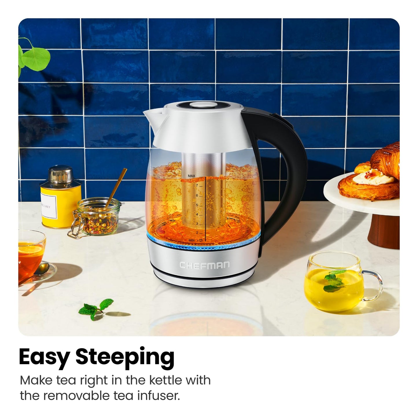 Chefman Electric Kettle for Boiling Water, 1.8L 1500W, Removable Tea Infuser, Auto Shut Off, Boil-Dry Protection, BPA Free, Borosilicate Glass, Hot Water Boiler, Electric Tea Kettle - Stainless Steel