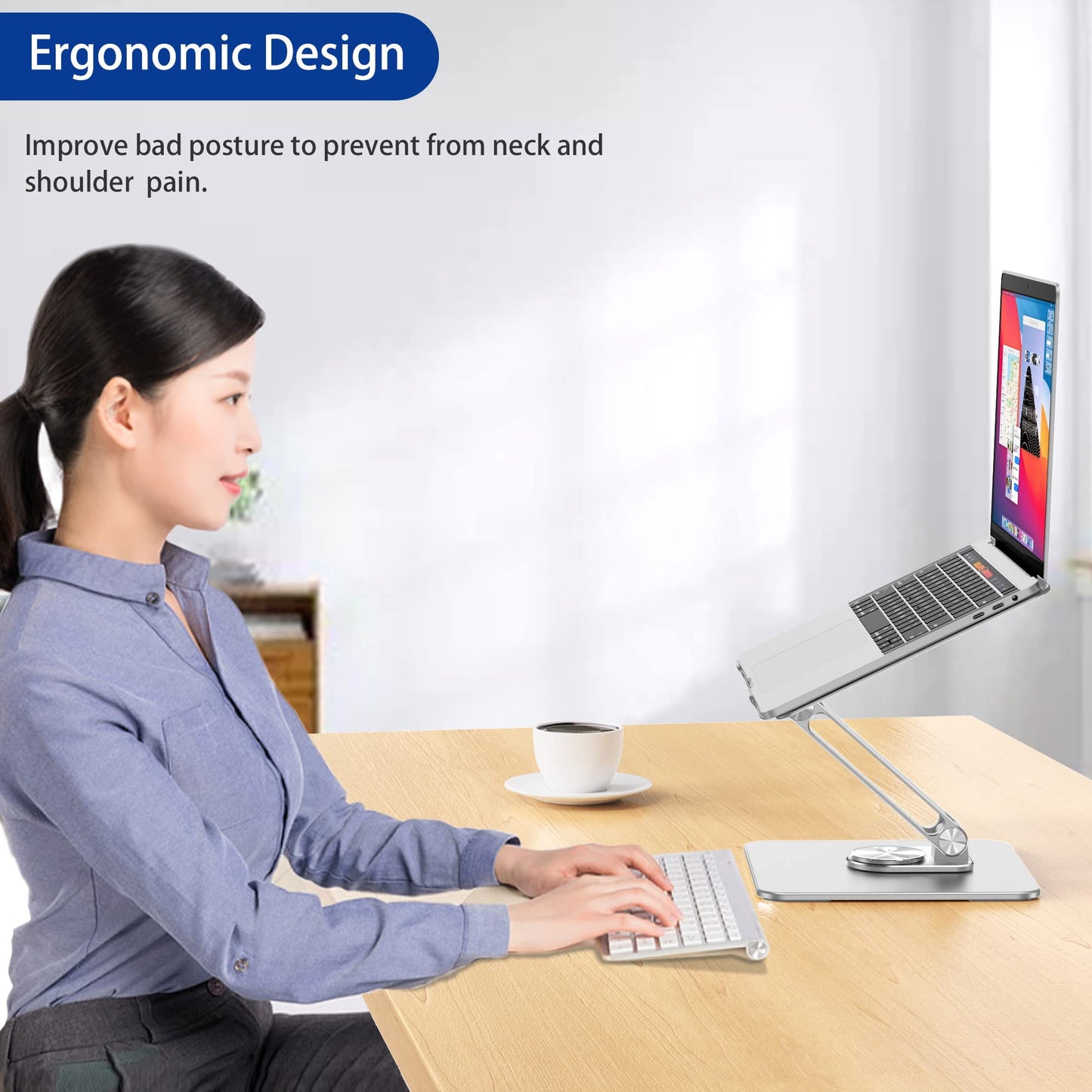 BESIGN LSX7 Laptop Stand with 360° Rotating Base, Ergonomic Adjustable Notebook Stand, Riser Holder Computer Stand Compatible with Air, Pro, Dell, HP, Lenovo More 10-15.6" Laptops, Lapdesk, Silver