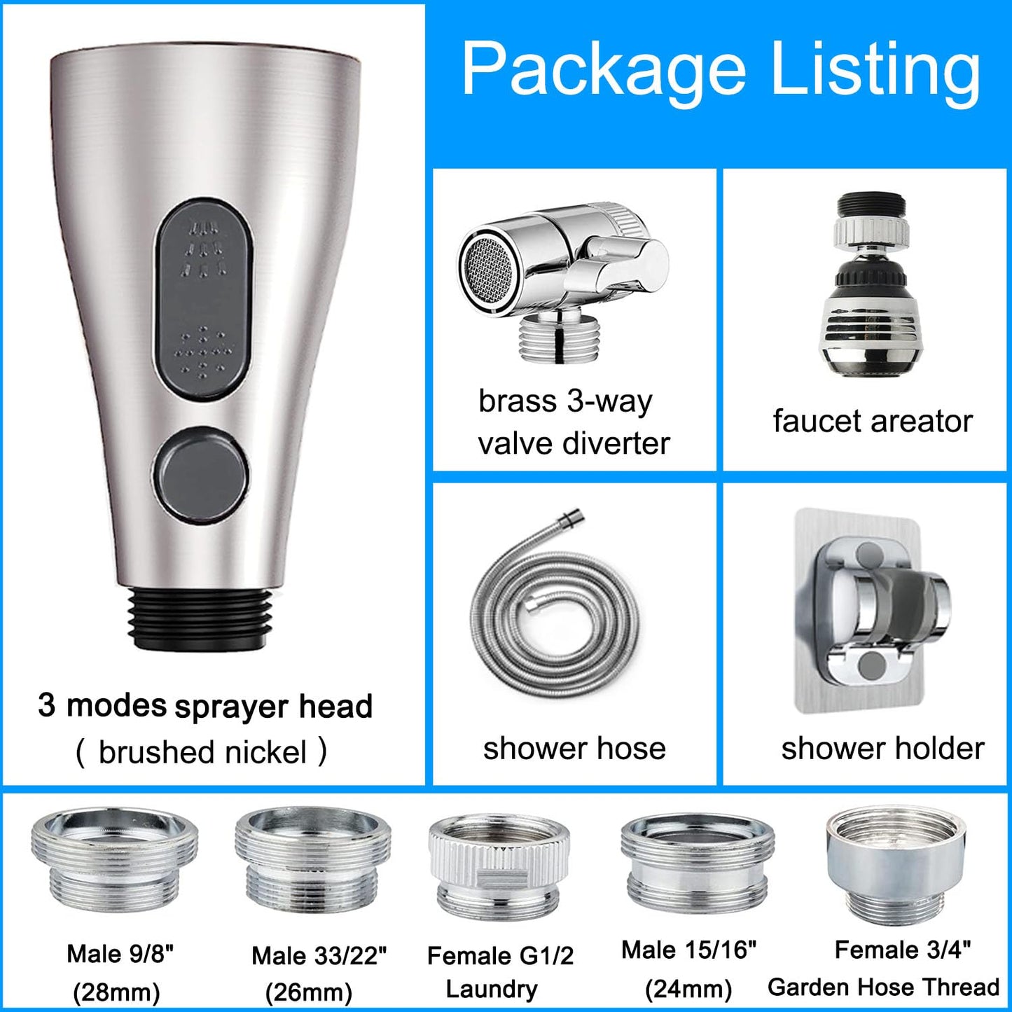 MOSELNY Kitchen Sink Sprayer Faucet Attachment, Sink Hose Attachment for Faucet with Brass Diverter and Aerator for Laundry Room, Pet Shower,Hair Washing (Brushed Nickle Sprayer Head)
