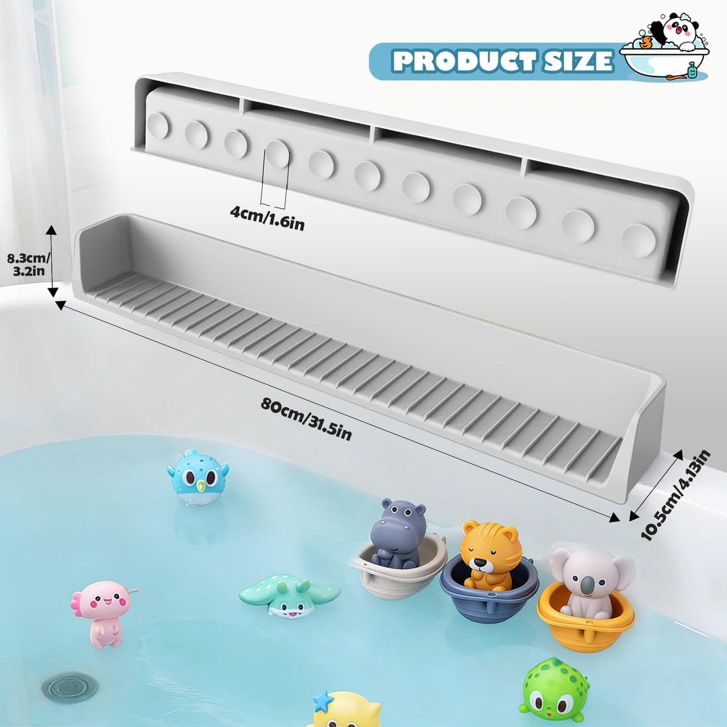 Silicone Bath Tub Splash Guard with 11 Suction Cups, Longer Bathtub Edge Extender Shelf, Bath Tray Holder (1, Gray-80cm)