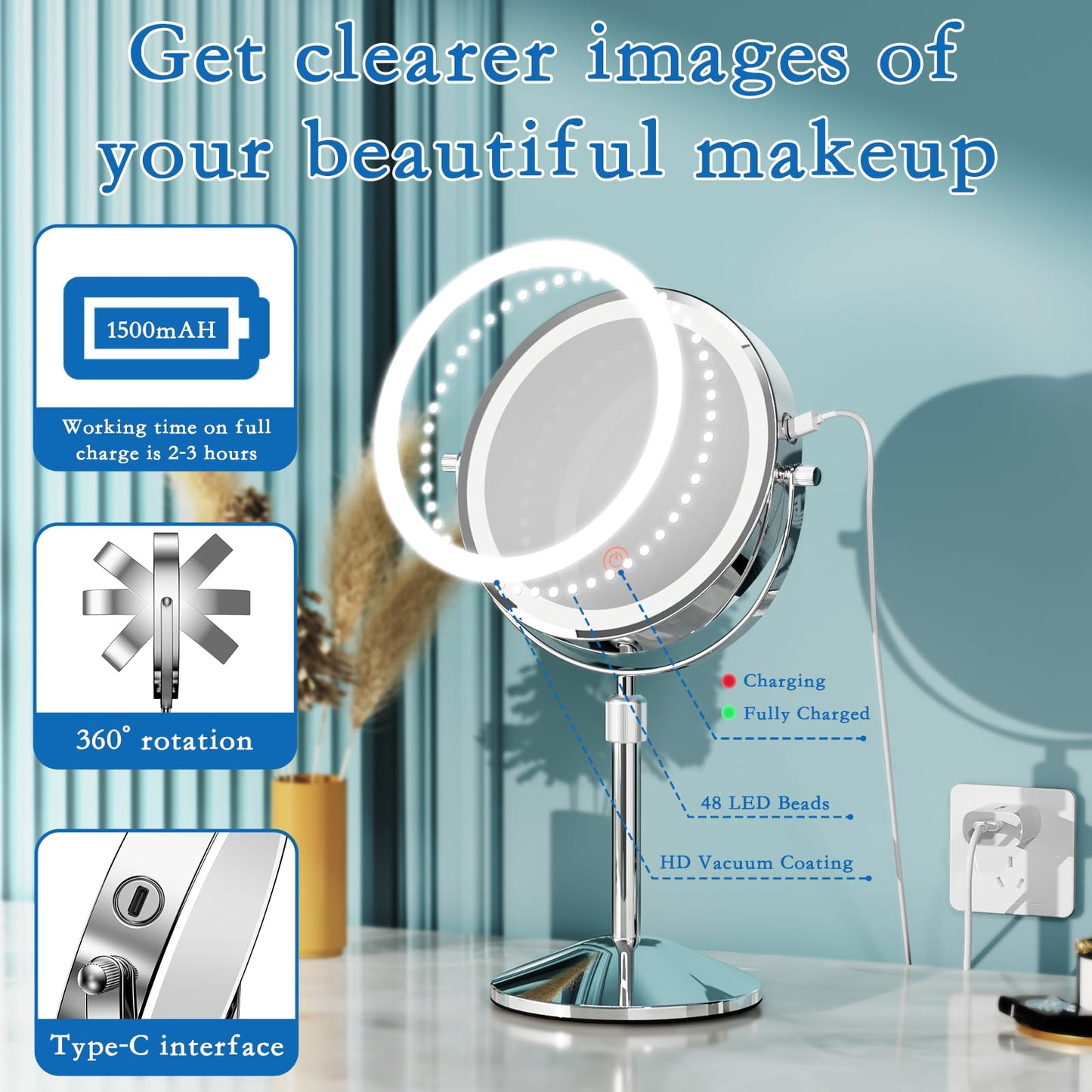 Vanity Mirror with 7" 1x/10x Makeup Mirror Adjustable Height Double Sided Mirror with 360°Rotating Makeup Mirror with Magnifying Mirror with Mirror