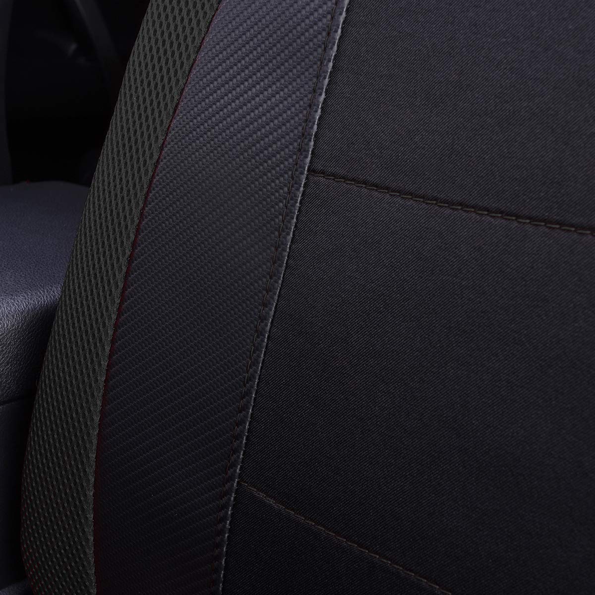 Flying Banner car seat Covers Quality Carbon Fiber Faux Leather Mesh Fabric Sport Low High Back Bucket Back Pocket Arm Rest Car SUV Truck Pick UP (2 Fronts - Low Bucket, Black)