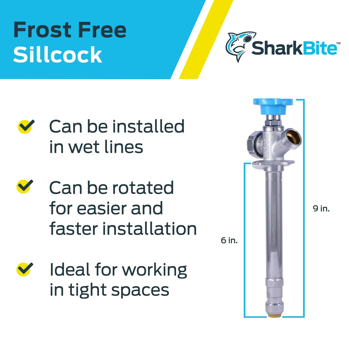 SharkBite 6 Inch Frost Free Sillcock, 1/2 x 3/4 Inch MHT, Push to Connect Brass Plumbing Fitting, PEX Pipe, Copper, CPVC, PE-RT, HDPE, 25744LF
