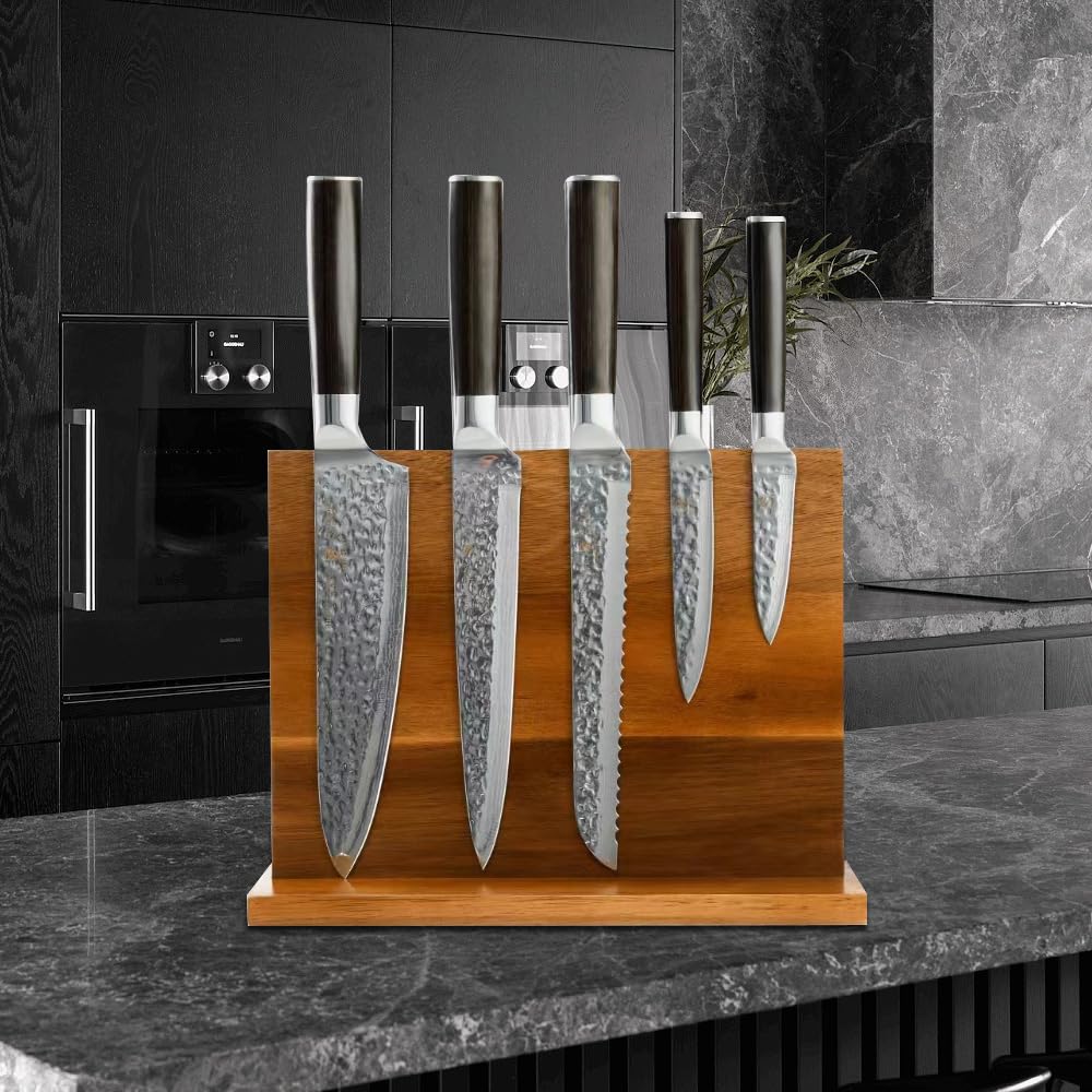 SipLip Magnetic Knife Set 6 Pieces (Magnetic Wooden Holder) German Stainless Steel Kitchen Chef's Knife Set with Gift Box