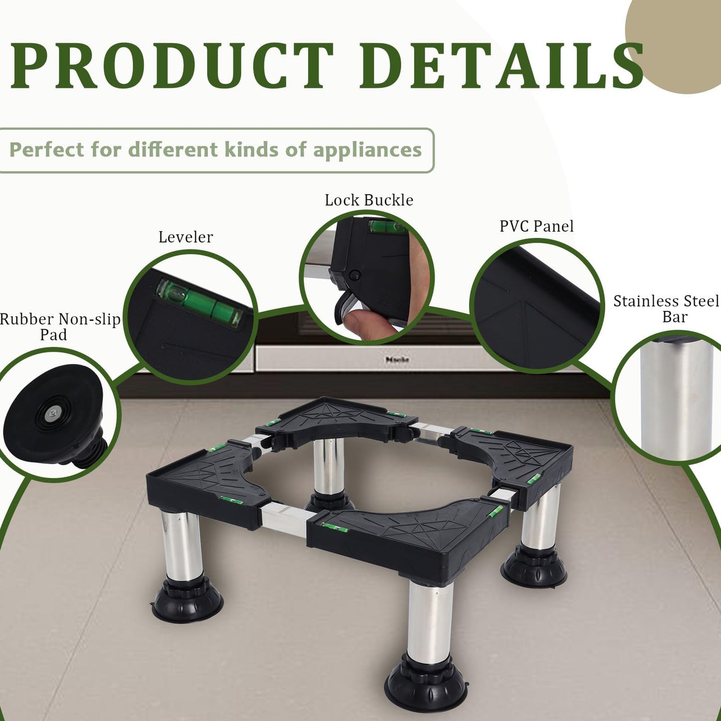 Wadoy Mini Fridge Stand, Height 7"-8.4" Adjustable Washer and Dryer Stand with 4 Strong Feet Heavy Duty Washing Machine Stand for Home Appliance