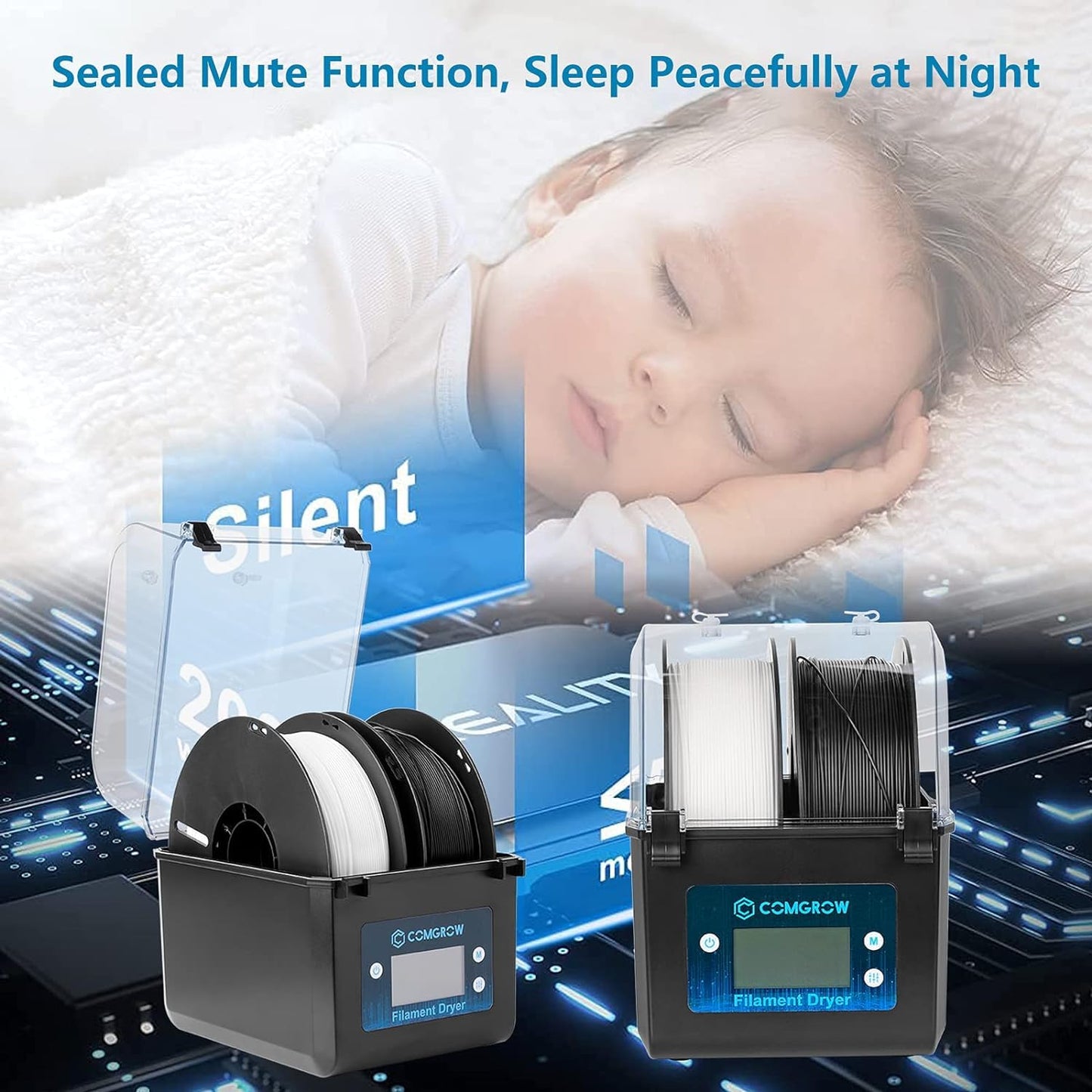 Comgrow 3D Printer Filament Dryer Box, SH01 3D Filament Storages, Keeping Filaments Dry During 3D Printing, Compatible with 1.75mm/2.85mm PLA PETG ABS Material, Filament Dehydrator, Spool Holder