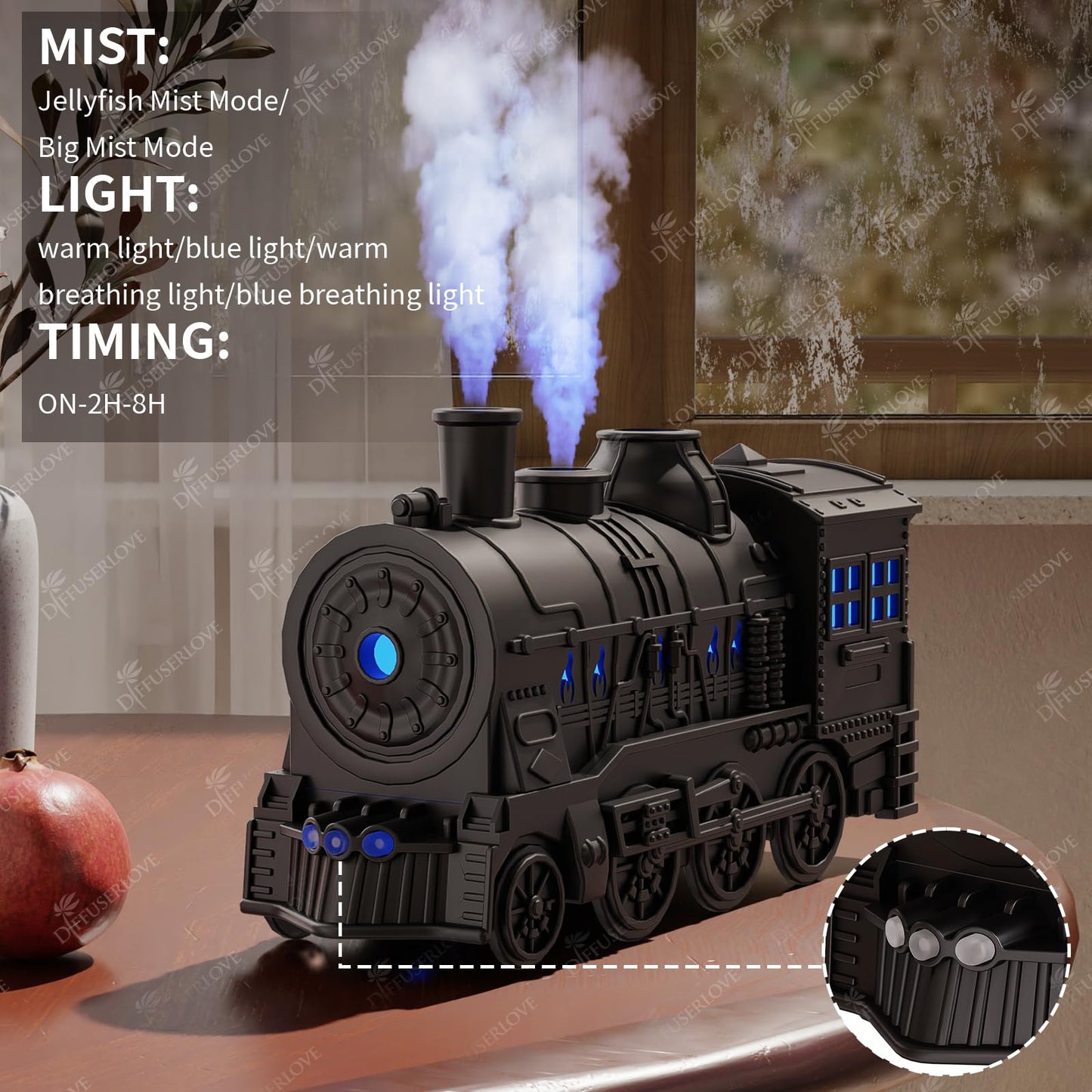 Diffuserlove Essential Oil Diffuser 300ML Train Cool Mist Humidifier Quiet Aromatherapy Diffuser with Night Light for Bedroom Desk