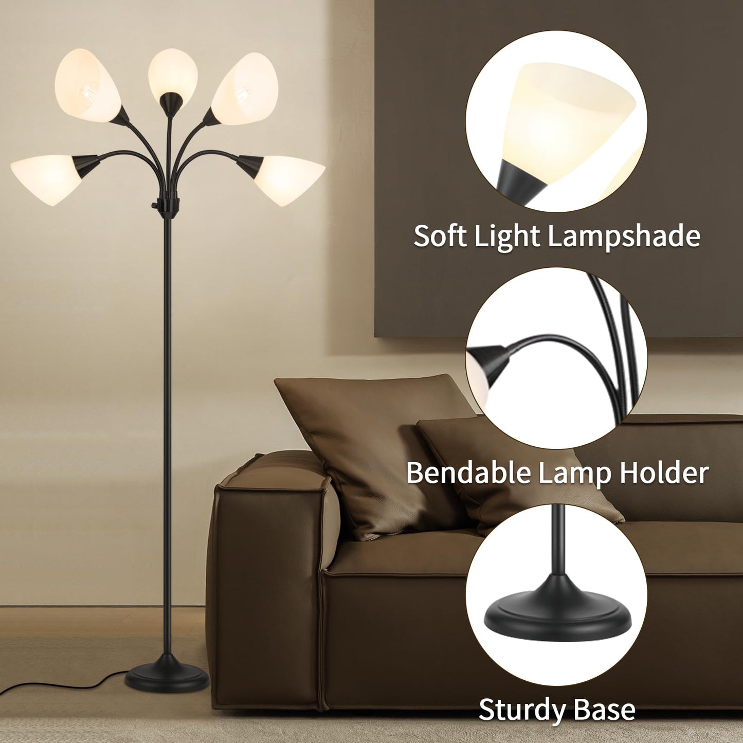 HonoDing Medusa Floor Lamps Standing Lamps 5 Heads Adjustable Reading Light Large Shade Use E26 A19 Bulb Floor Lamps for Living Room Bedroom