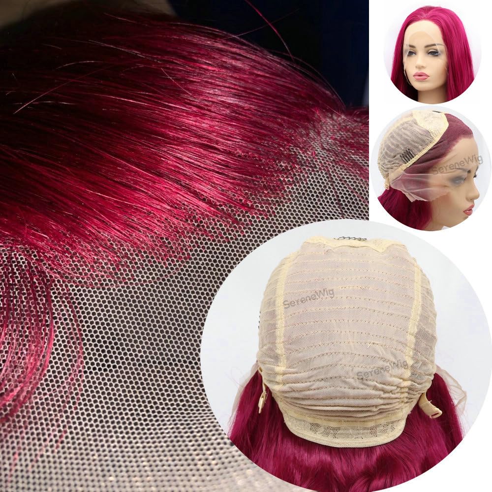 SERENEWIG Female Dark Red Synthetic Lace Front Wigs for Women Cosplay Party Replacement Drag Queen Mermaid Red Real Natural Color Long Wavy Hair Synthetic Full Glueless Wig 24"