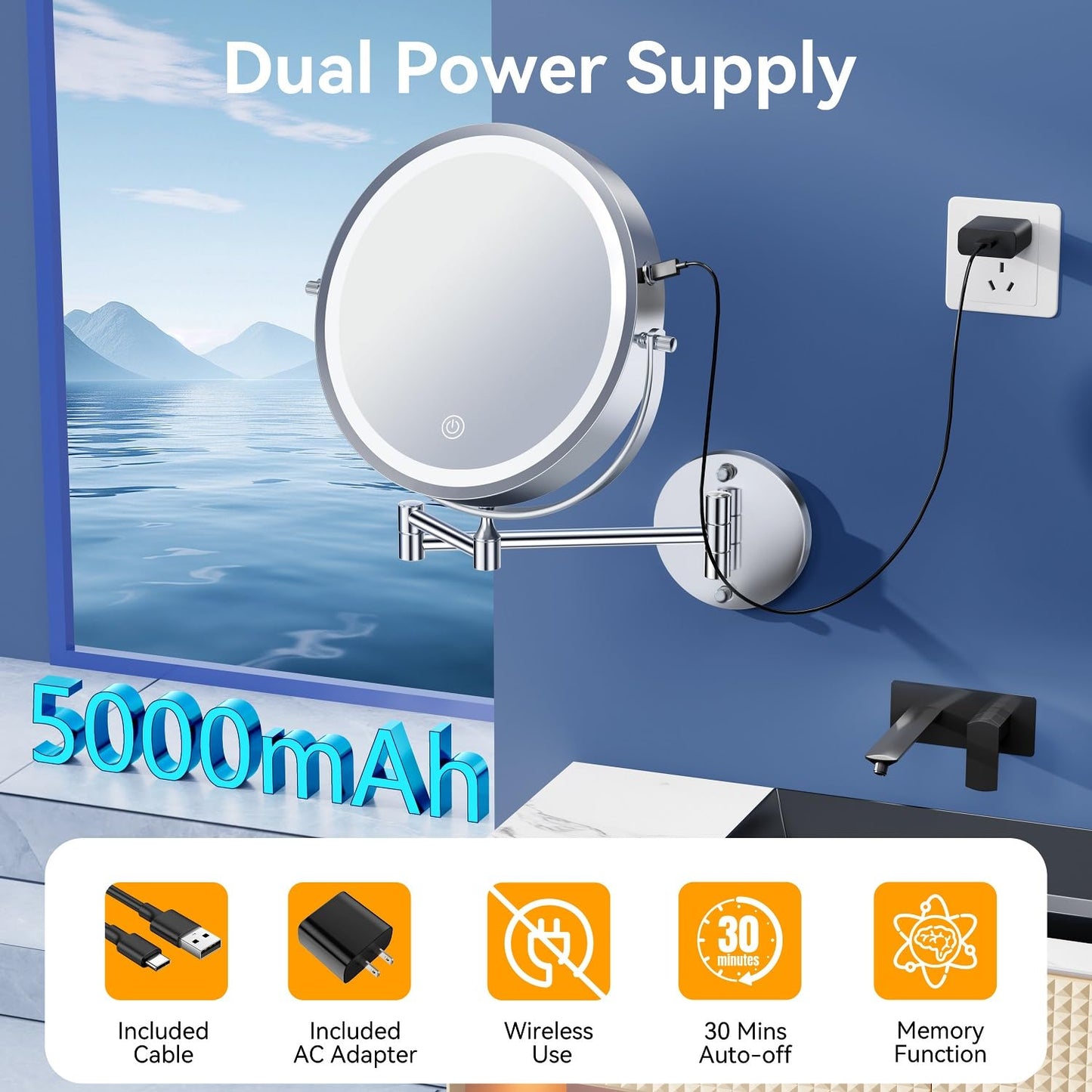 Auxmir 5000mAh Rechargeable Wall Mounted Makeup Mirror, 1X/30X Double-Sided Magnifying Mirror with Light, 9" Lighted Vanity Mirror with 3 Color Modes, Touch Dimmable, 360° Swivel Extended Arm, Chrome