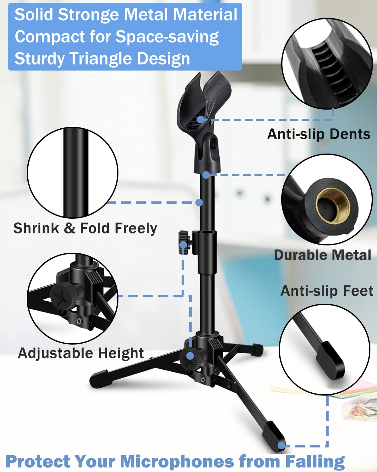Mictop 2 Pack Desktop Mic Stand, Portable Foldable Tripod with Mic Clip Holder, Adjustable Microphone Stand For Dynamic Microphone Like Samson Q2U Shure SM58 SM57 PGA48 PGA58 etc.