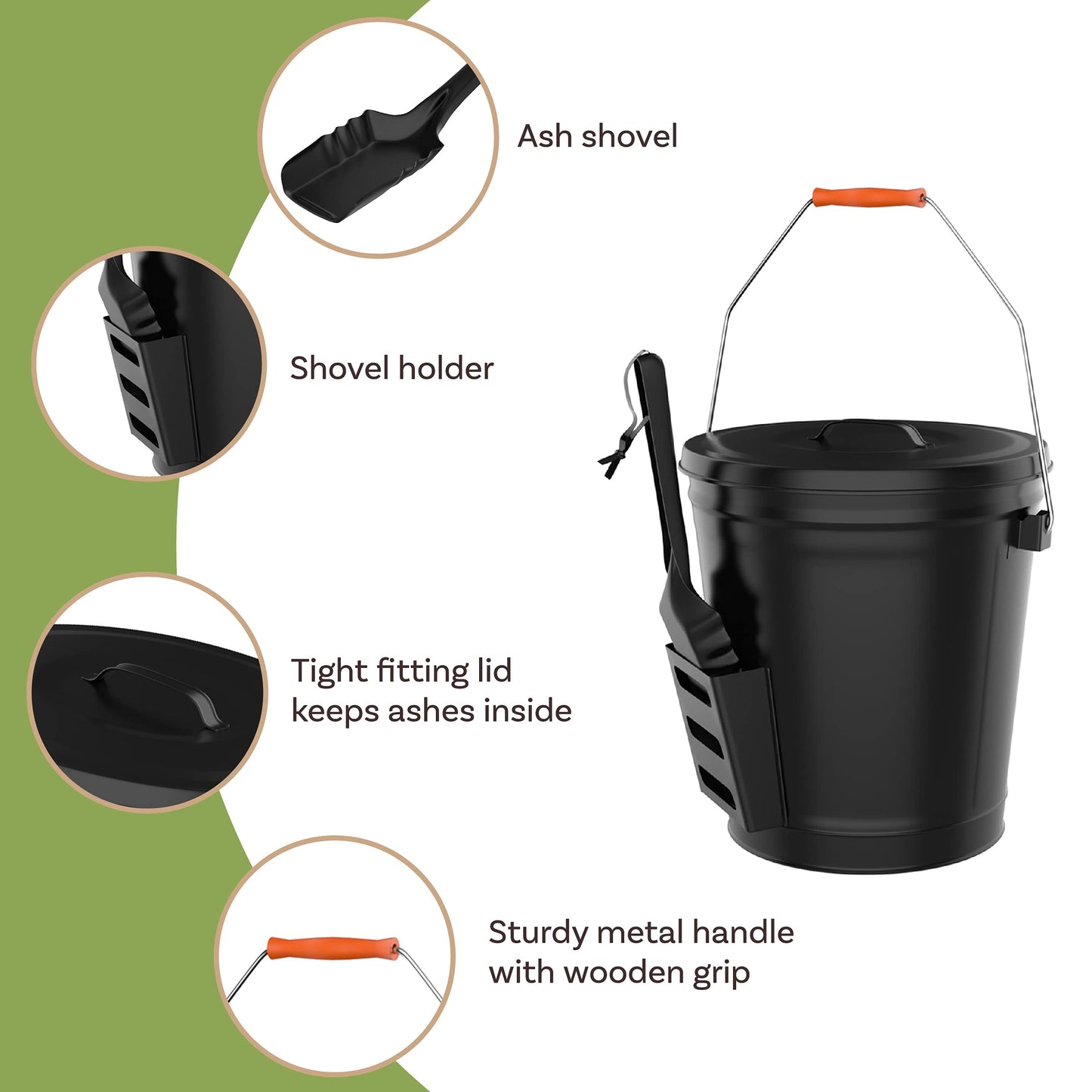 Pure Garden 50-210 4.75 Gallon Black Ash Bucket with Lid and Shovel-Essential Tools for Fireplaces, Fire Pits Wood Burning Stoves-Hearth Accessories