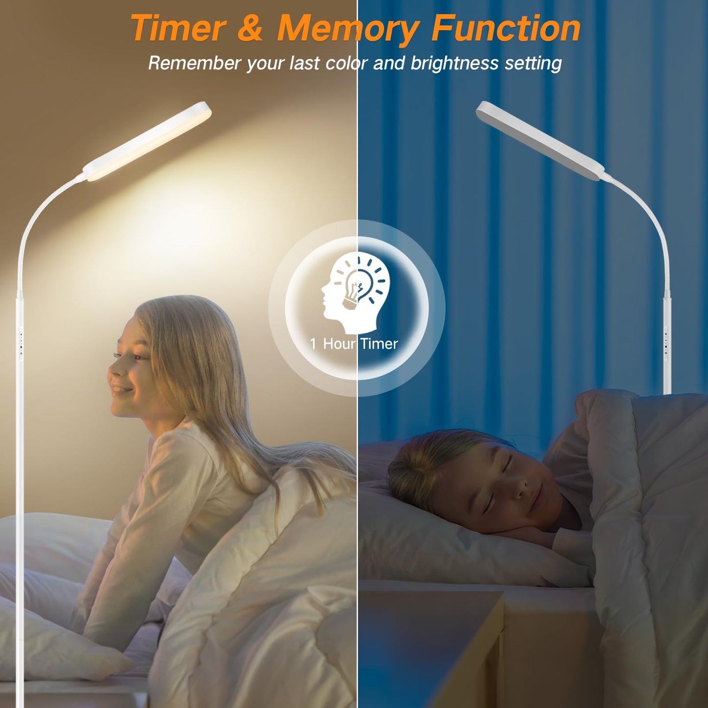 OUTON LED Floor Lamp 15W 1500LM, Dimmable Modern Standing Lamp with 4 Color Temperature, Remote & Touch Control, 1 Hour Timer, Adjustable Gooseneck for Reading Living Room Bedroom Office, White