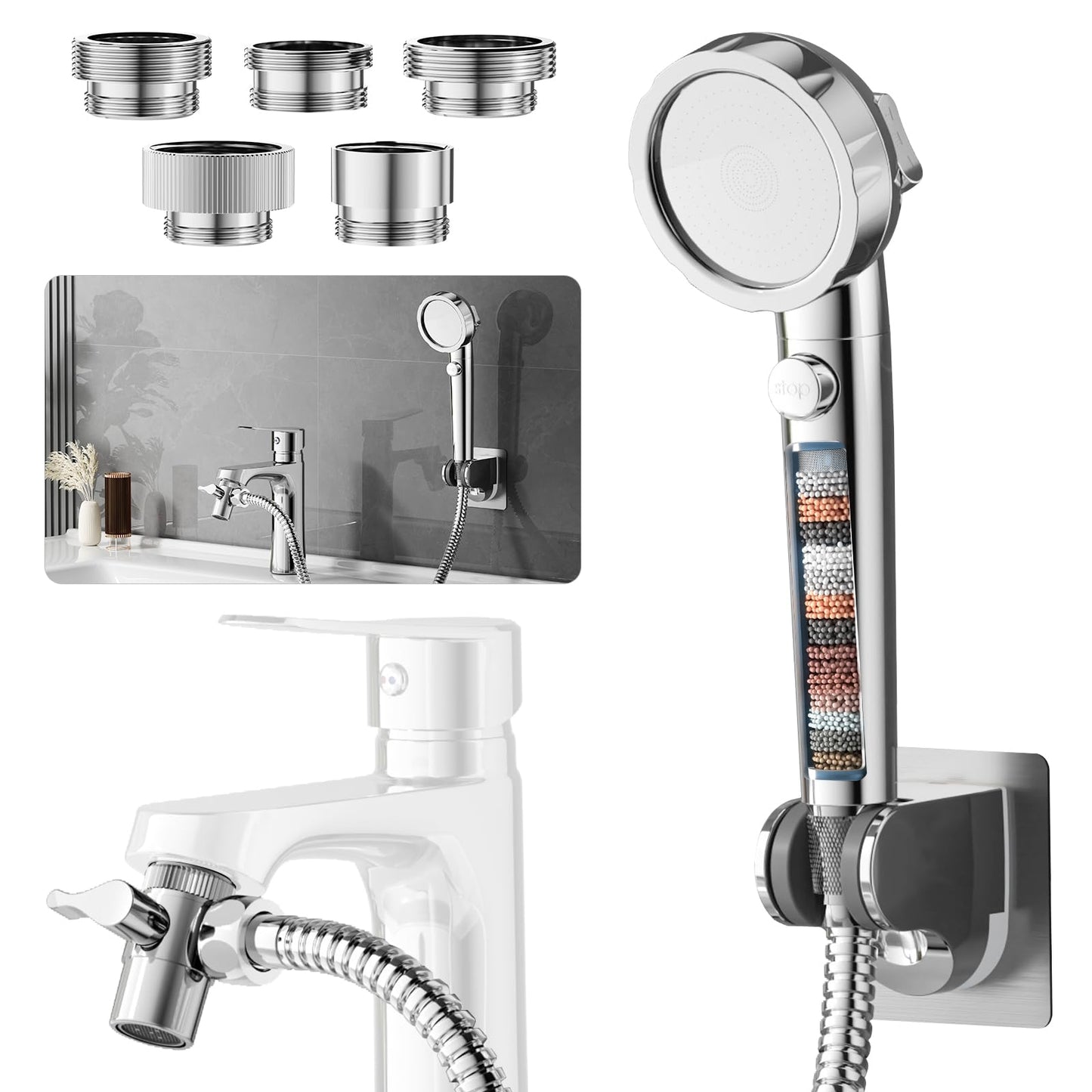 HEROBAI Sink Hose Sprayer Attachment, 3 Mode Shower Head Attaches to Tub Faucet with 5 Adapters, High Pressure Shower Head for Bathtub, Handheld Shower Head with Filter (Chrome)