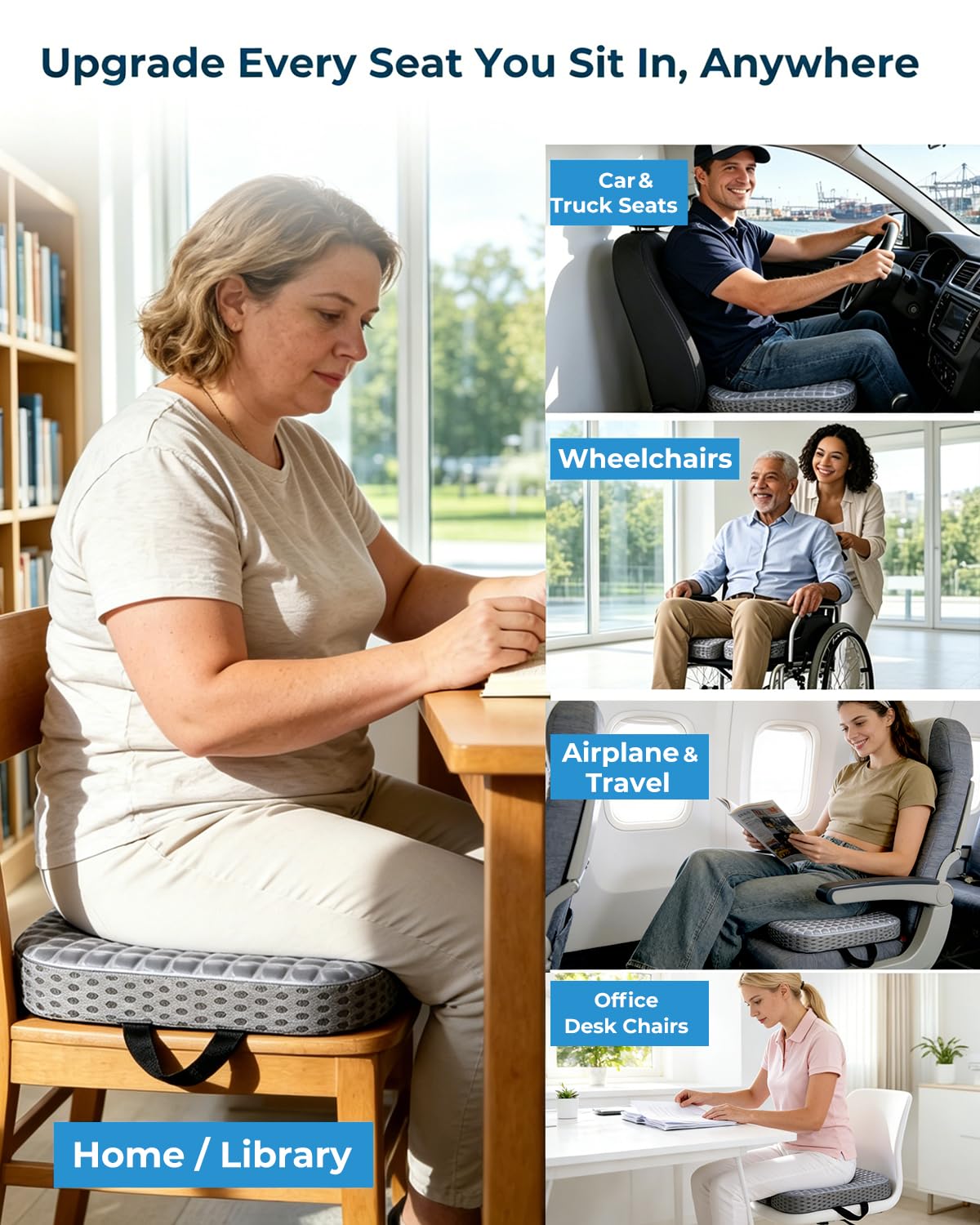 Gel Enhanced Memory Foam Seat Cushion Foldable Gel Cushion Large Office Chair Cushion for Long Sitting Ergonomic Tailbone Pillow Pain Relief Car Seat Cushion Travel Cushion for Airplane Stadium