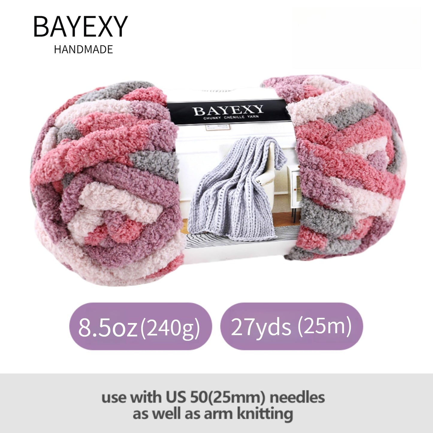 BAYEXY Chunky Chenille Yarn for Hand Knitting 8 Jumbo Pack Jumbo Chunky Yarn for Hand Soft Blanket Knitting, Bulky Thick Fluffy Yarn for Crocheting (Cherry Blossom)