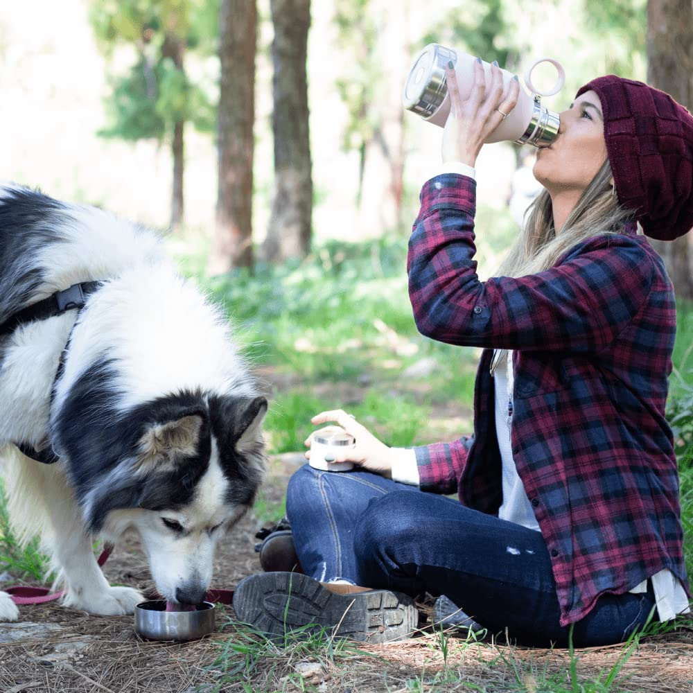 Asobu Dog Bowl Attached to Stainless Steel Insulated Travel Bottle for Human 37oz/1.1 Liter with Detachable Dog Bowl (Pink)