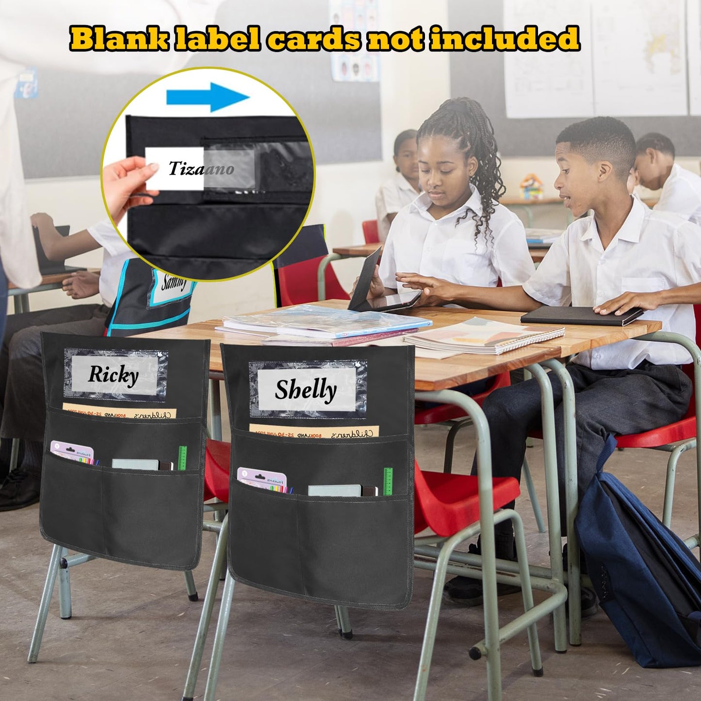 12 Pack Black Chair Pockets for Classrooms, Chair Pocket with 3 Heavy Duty Storage Pocket, Chair Back Buddy Pocket with Name Tag Slot, Ideal Back to School Supplies, Classroom Must Haves