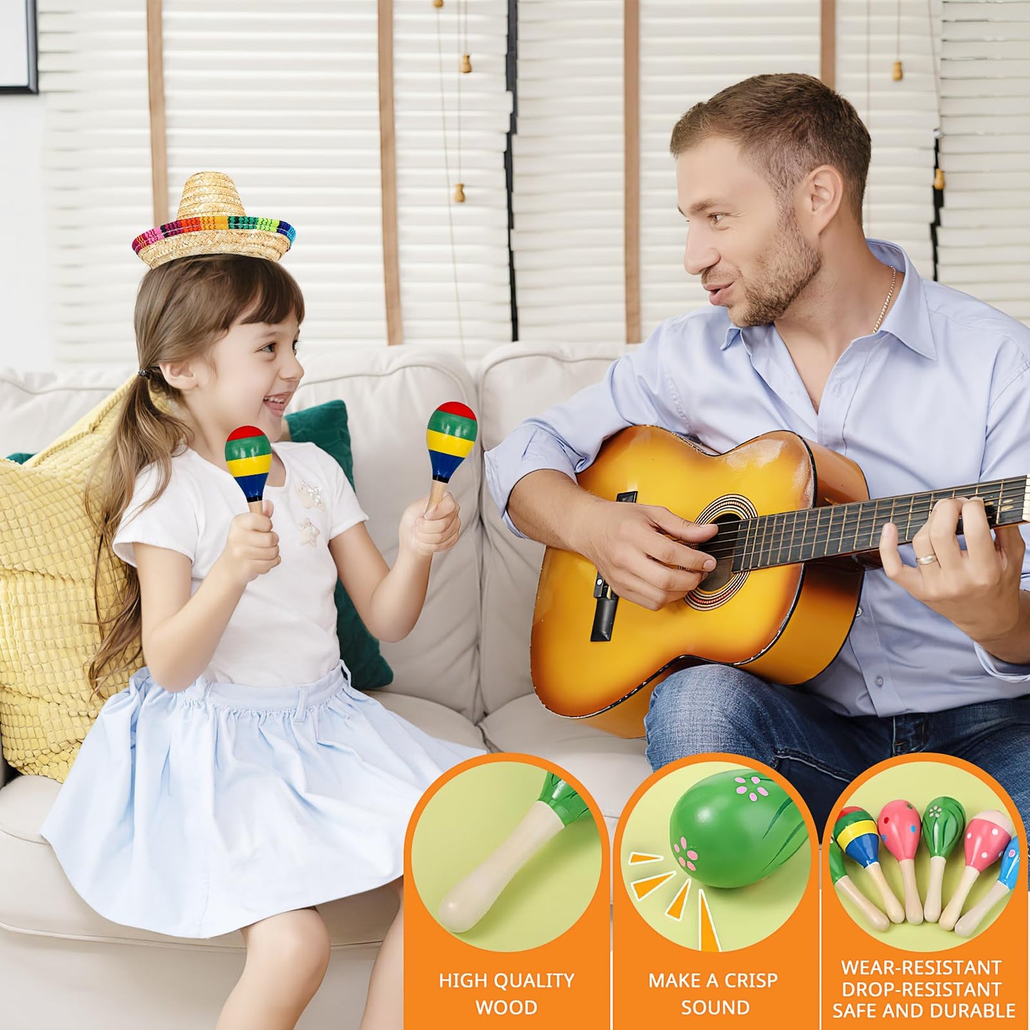 24Pcs Wooden Maracas Includes Mini Sombrero Top Hat Bulk Mexican Fiesta Party Decorations for Kids Halloween Carnivals