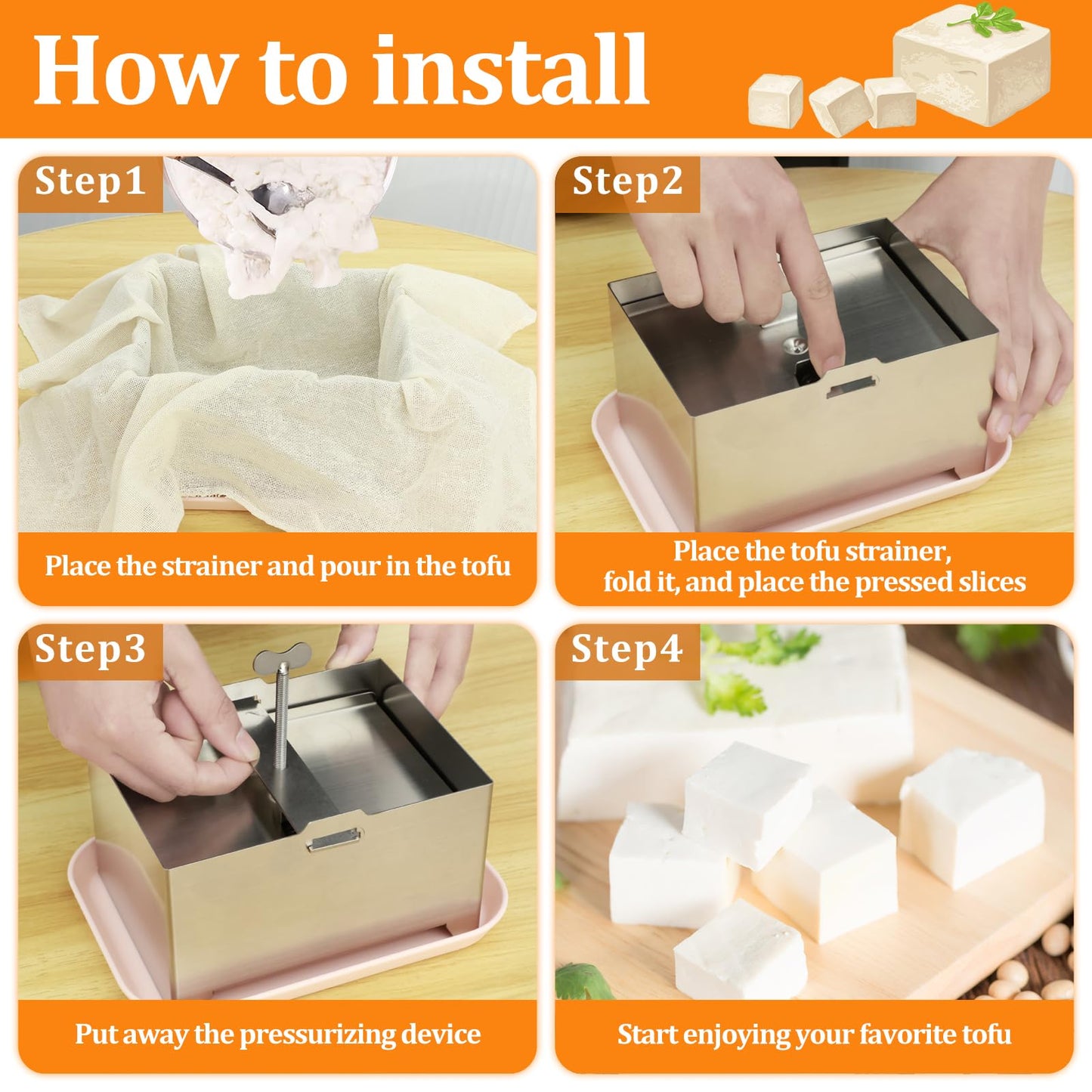 Stainless Steel Tofu Press with Presser Towel & Drip Tray – DIY Tofu Maker for Homemade Firm Tofu, Paneer & Cheese – Effortless Water Removal for Enhanced Texture & Flavor