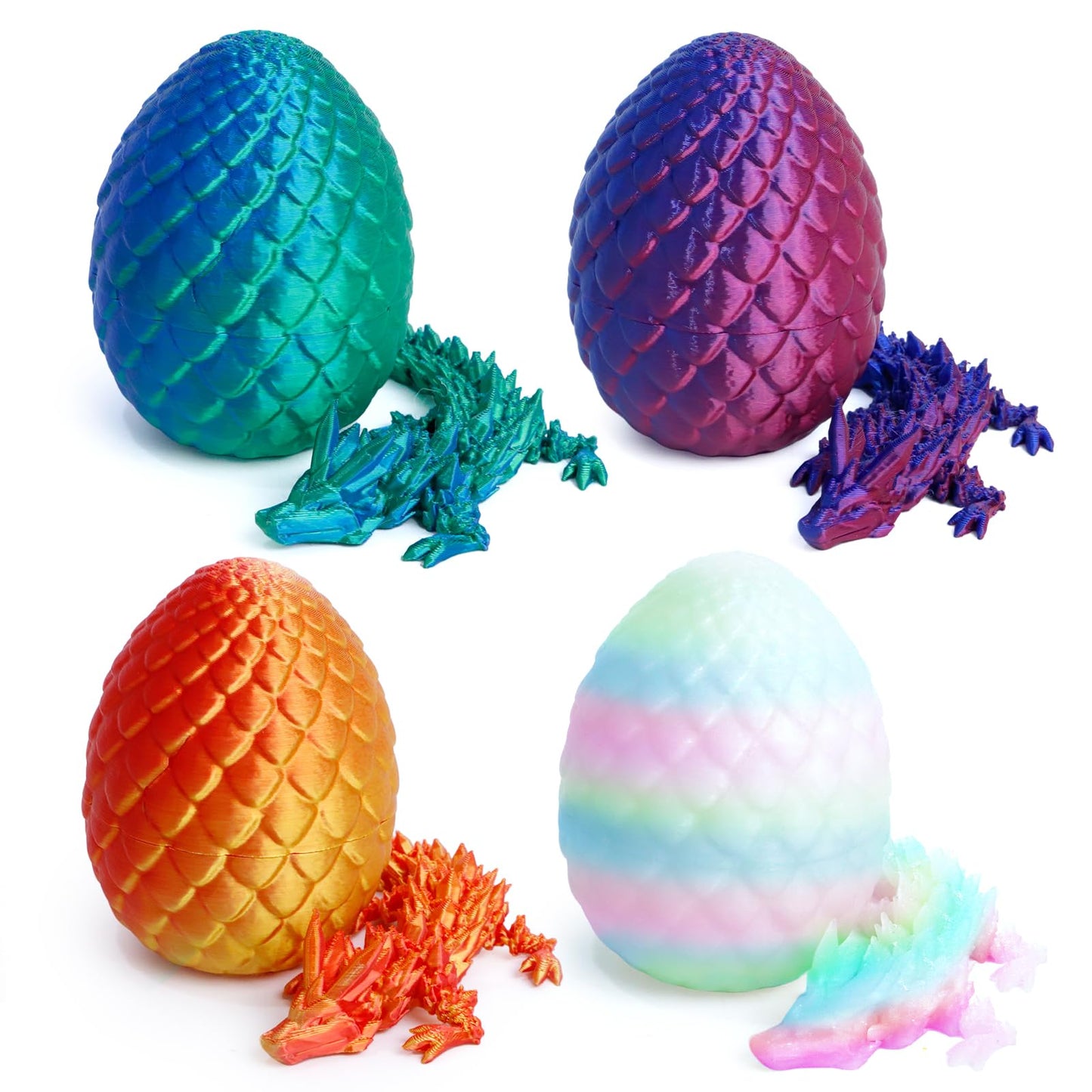 4 Pack 3D Printed Dragon Easter Basket Stuffers, Small Eggs with Dragon Inside, Articulated Crystal Dragon Fidget Toy, Desk Pet, 3D Printing Home Decor (Blue+red+Green+Glow in The Dark)