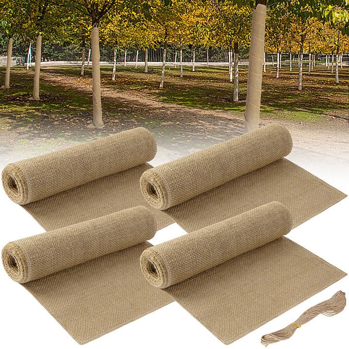 4 Rolls Natural Burlap Tree Wrap Rolls- 10in x 10ft Burlap Fabric Tree Trunk Protector- Burlap Plants Wrap Bandage with Ropes- Frost & Freeze Protection Cloth for Winter Outdoor Trees, Shrubs, Plants