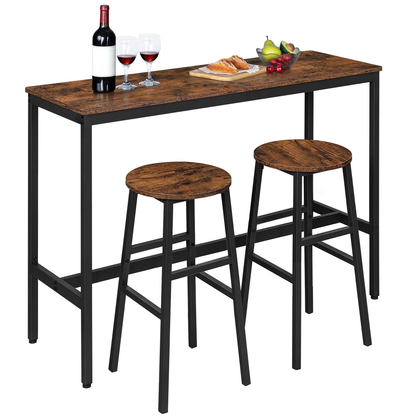 MAHANCRIS 71 cm Bar Stools, Set of 2 Round Bar Chairs with Footrest, Tall Counter Bar Stools, Kitchen Breakfast Bar Stools, Easy Assembly, for Dining Room, Kitchen, Rustic Brown BAHR02701