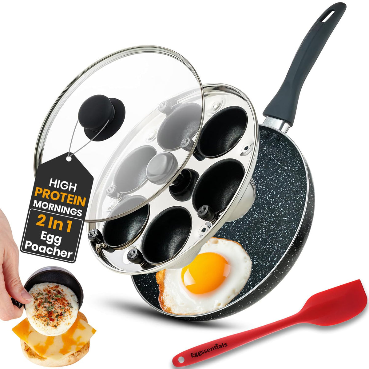 Egg Poacher Pan & Poached Egg Maker, Granite Egg Poacher with 6 Cups - Egg Pan - 10 Inch Frying Pan Nonstick Omelette Pan